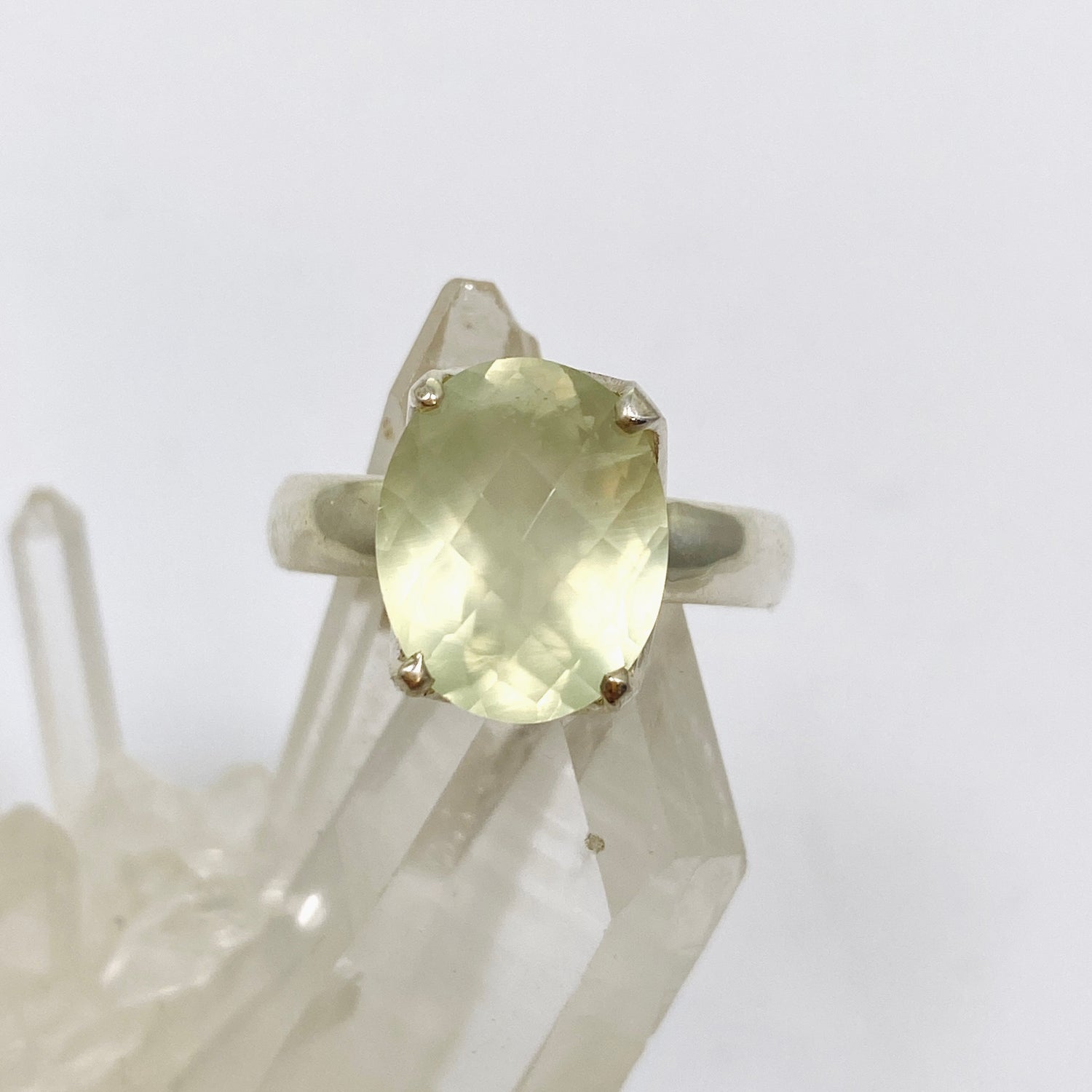 Prehnite Oval Checkerboard Faceted Ring Size 8.5 PRGJ859
