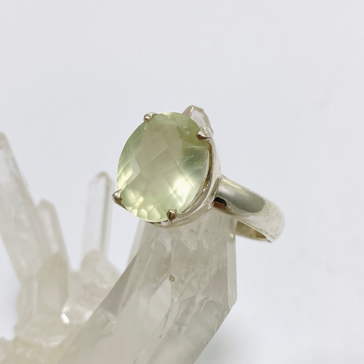 Prehnite Oval Checkerboard Faceted Ring Size 8.5 PRGJ859