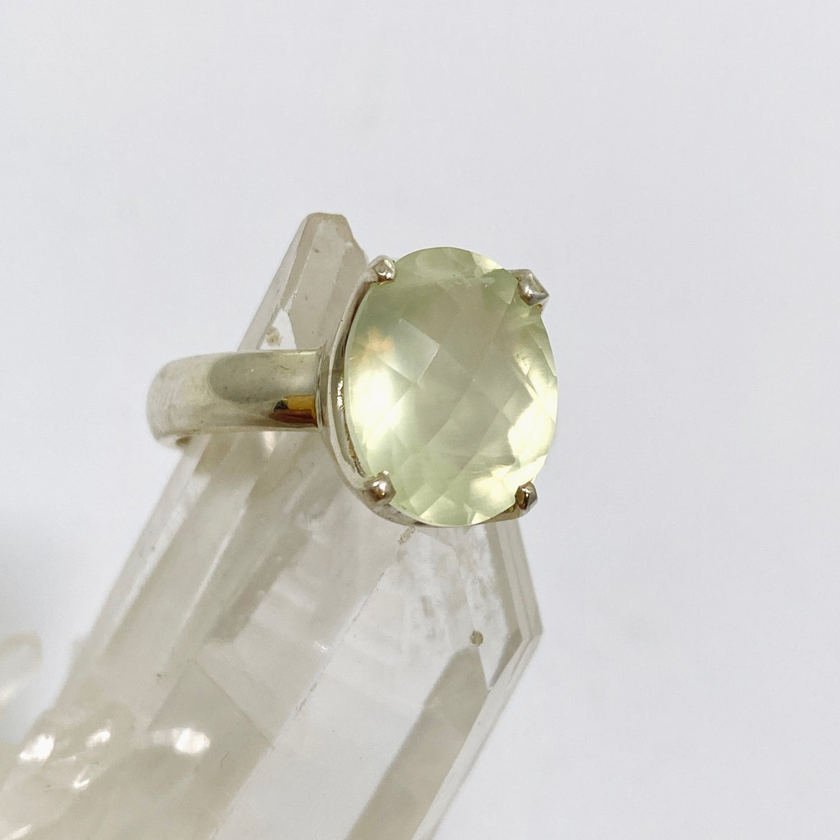 Prehnite Oval Checkerboard Faceted Ring Size 8.5 PRGJ859