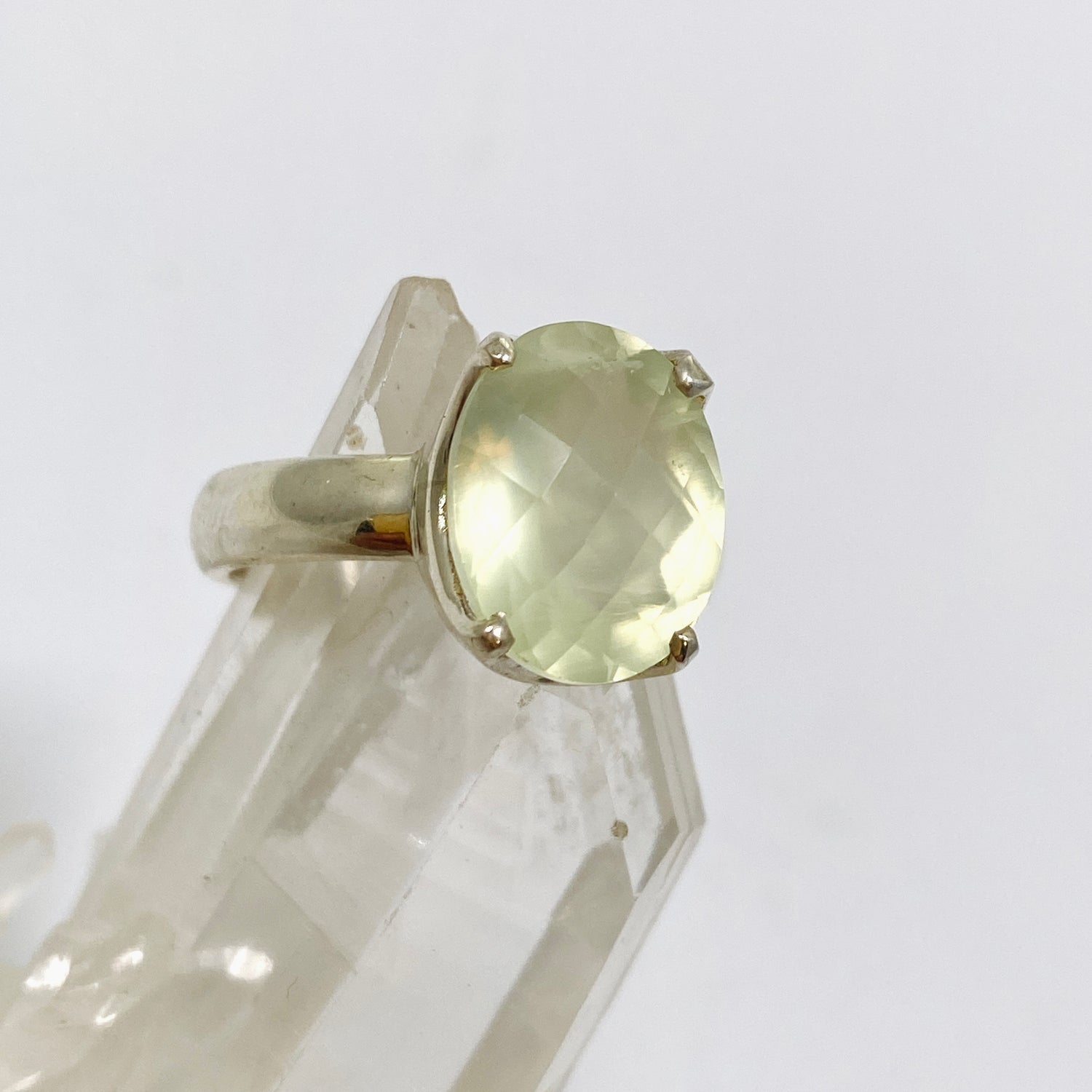 Prehnite Oval Checkerboard Faceted Ring Size 8.5 PRGJ859