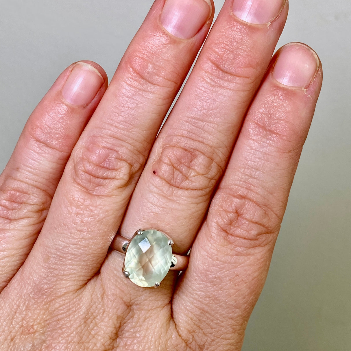 Prehnite Oval Checkerboard Faceted Ring Size 8.5 PRGJ859