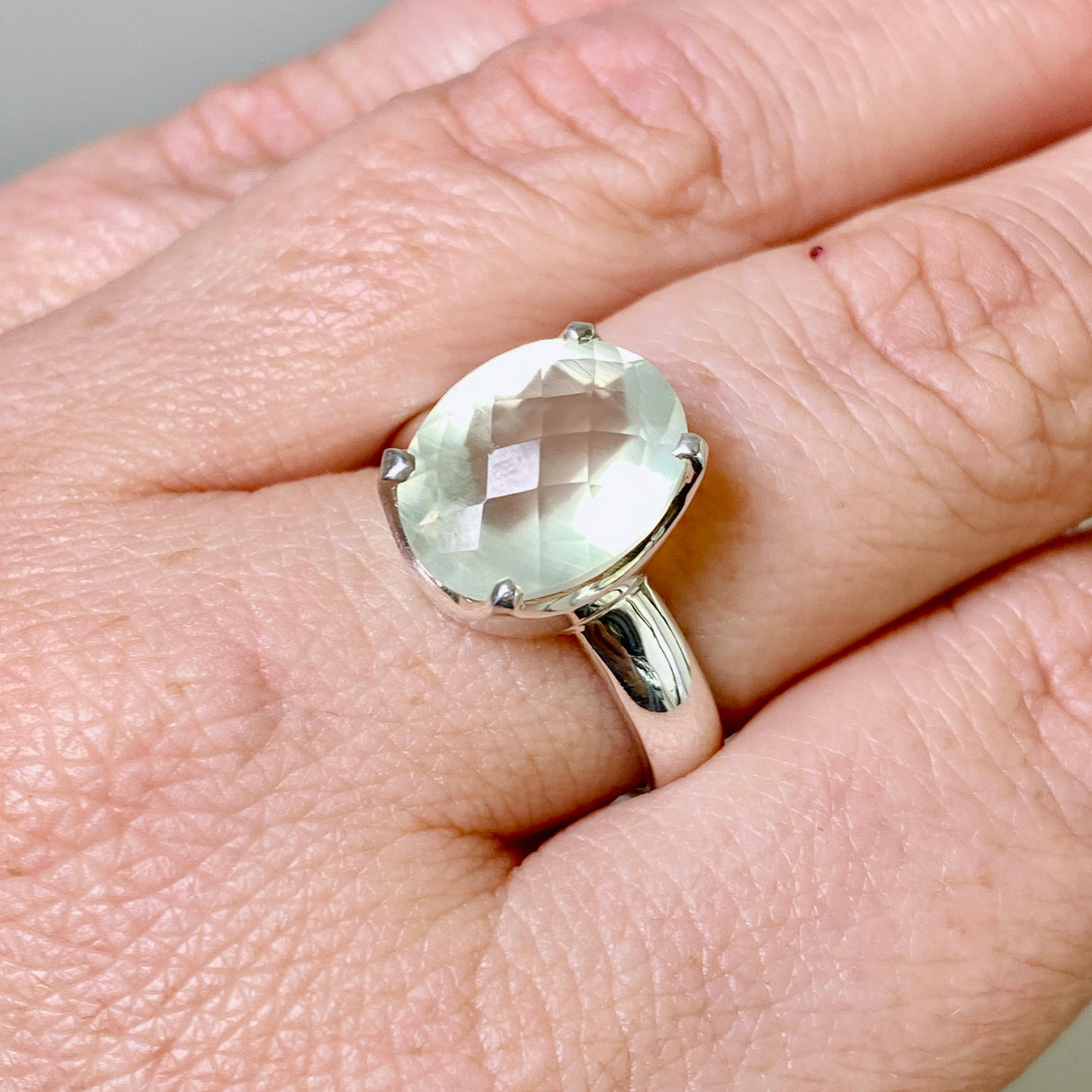 Prehnite Oval Checkerboard Faceted Ring Size 8.5 PRGJ859