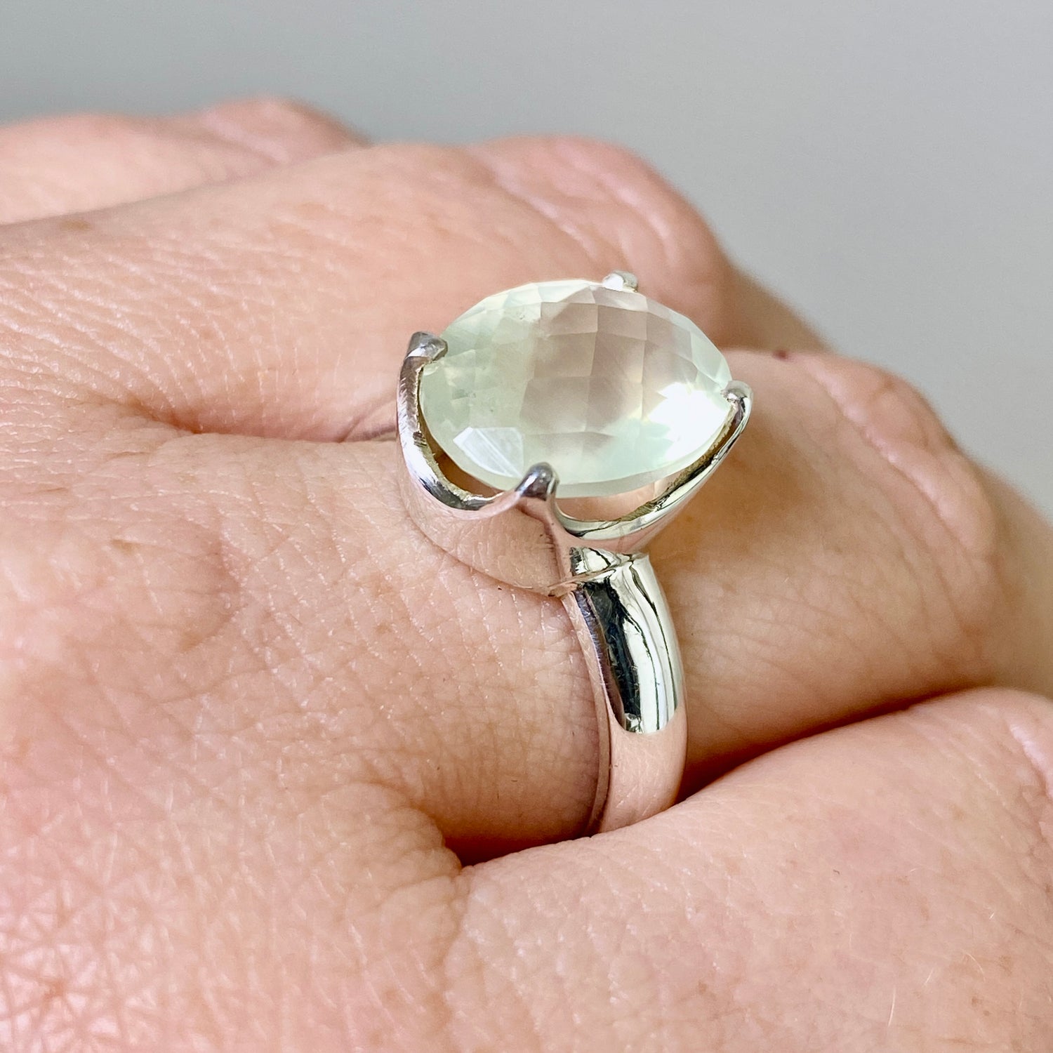 Prehnite Oval Checkerboard Faceted Ring Size 8.5 PRGJ859