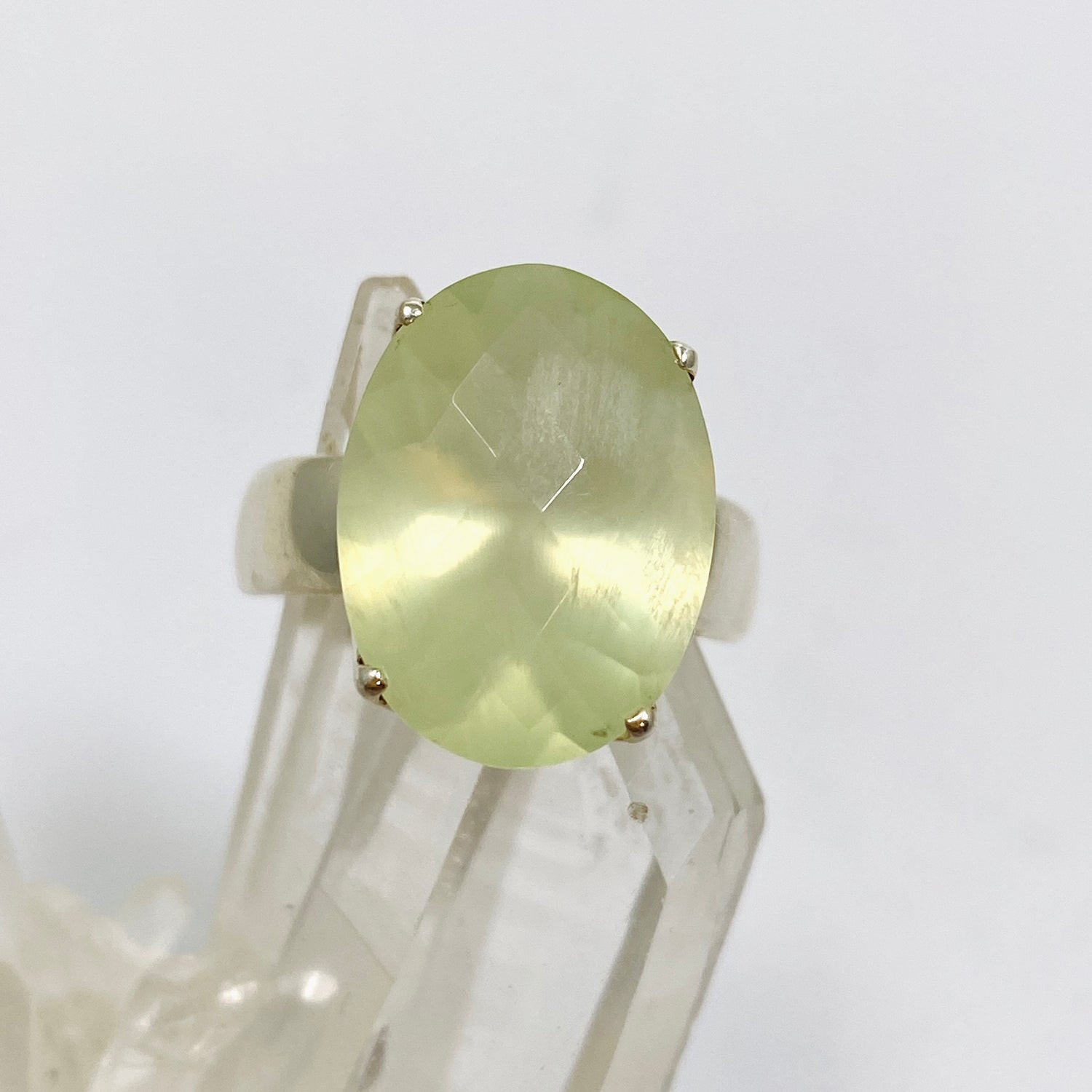 Prehnite Oval Checkerboard Faceted Ring Size 8 PRGJ862
