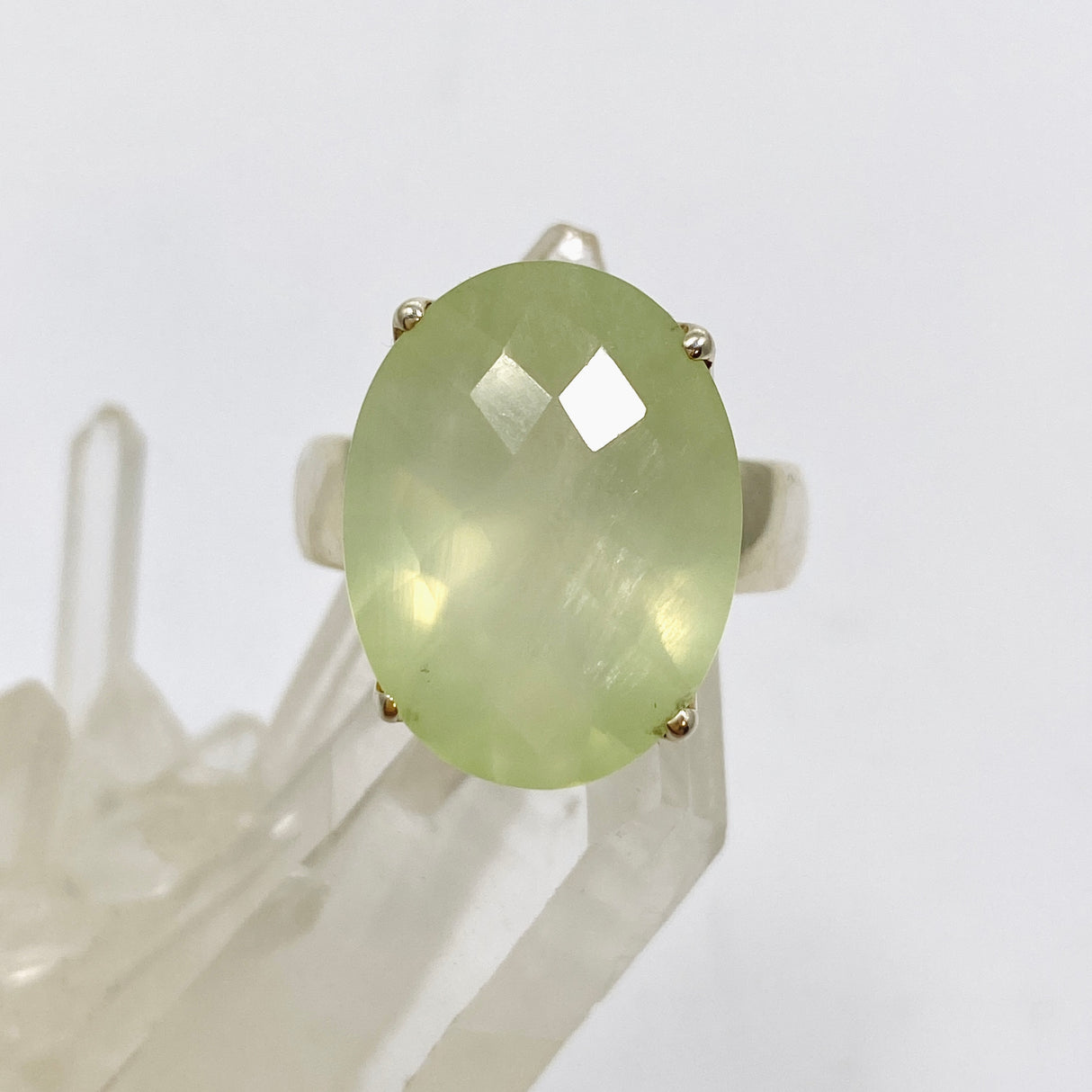 Prehnite Oval Checkerboard Faceted Ring Size 9 PRGJ864