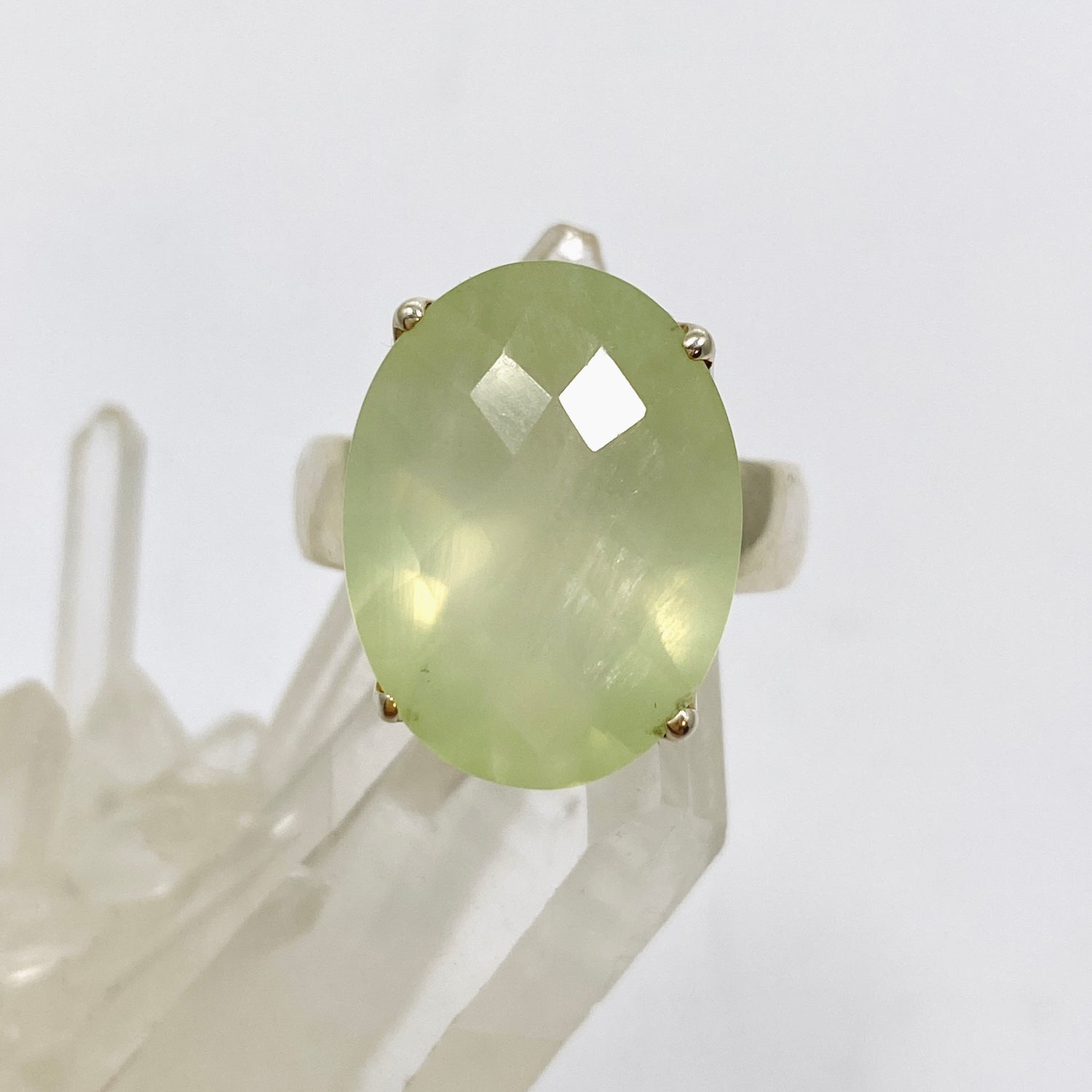 Prehnite Oval Checkerboard Faceted Ring Size 9 PRGJ864