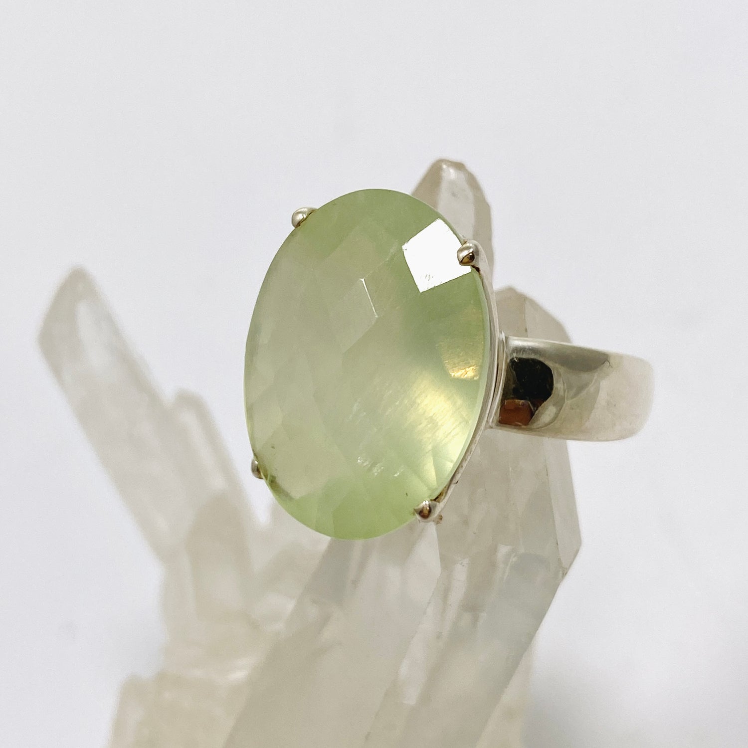 Prehnite Oval Checkerboard Faceted Ring Size 9 PRGJ864
