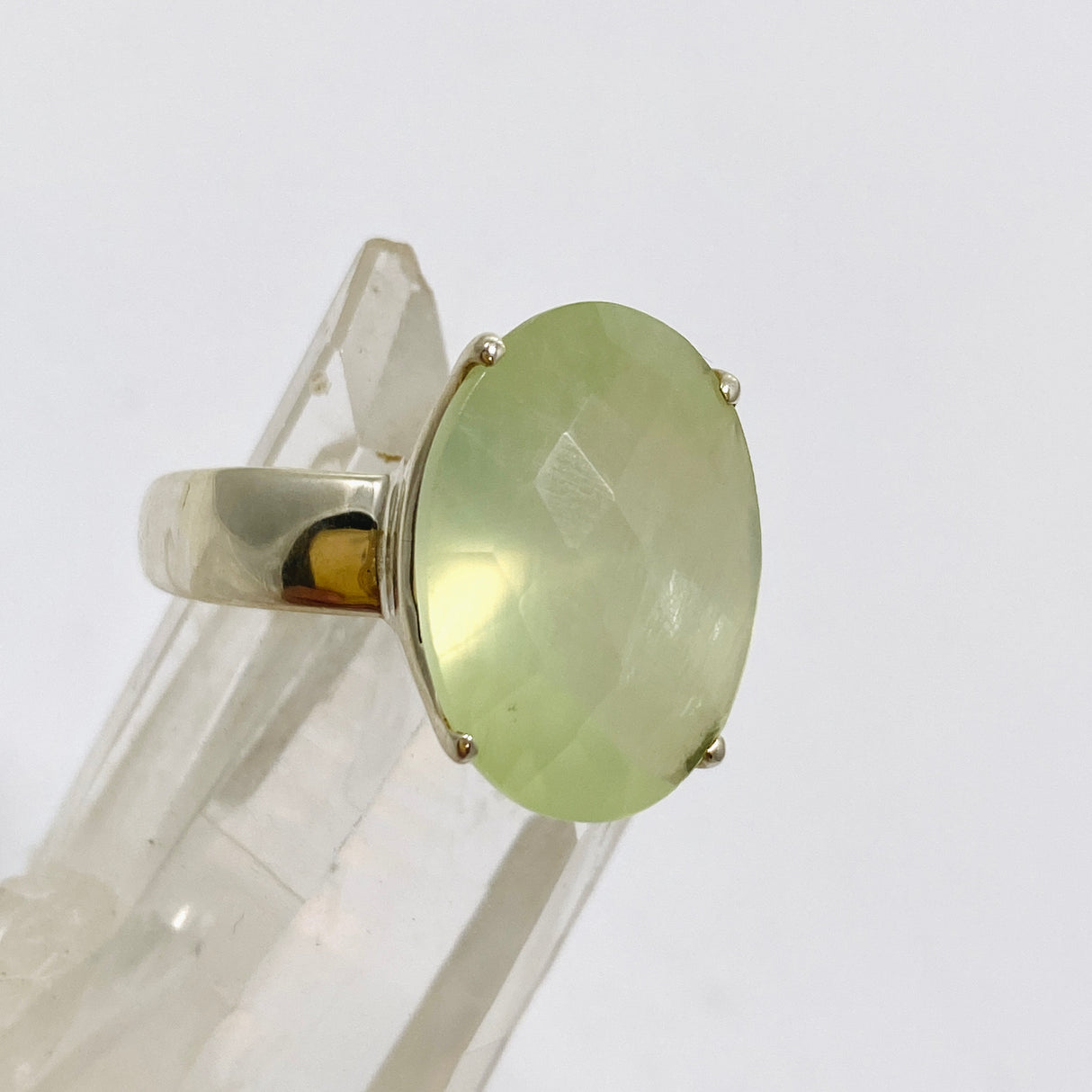 Prehnite Oval Checkerboard Faceted Ring Size 9 PRGJ864