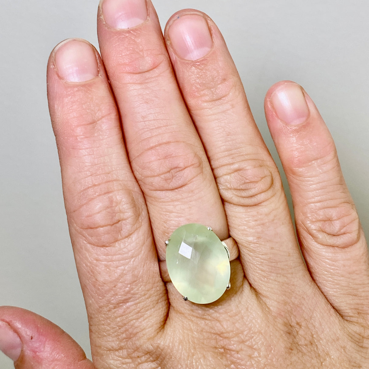 Prehnite Oval Checkerboard Faceted Ring Size 9 PRGJ864