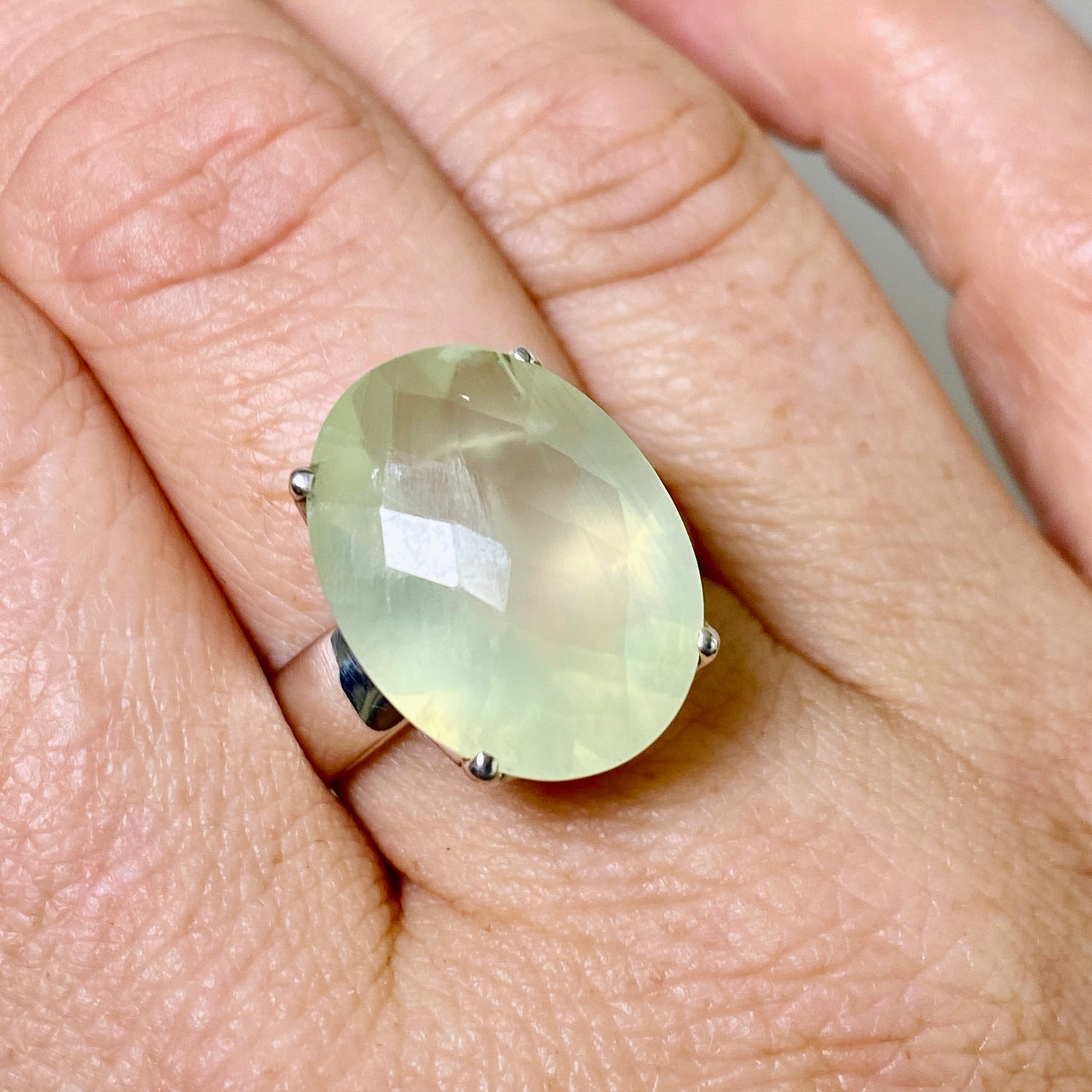 Prehnite Oval Checkerboard Faceted Ring Size 9 PRGJ864