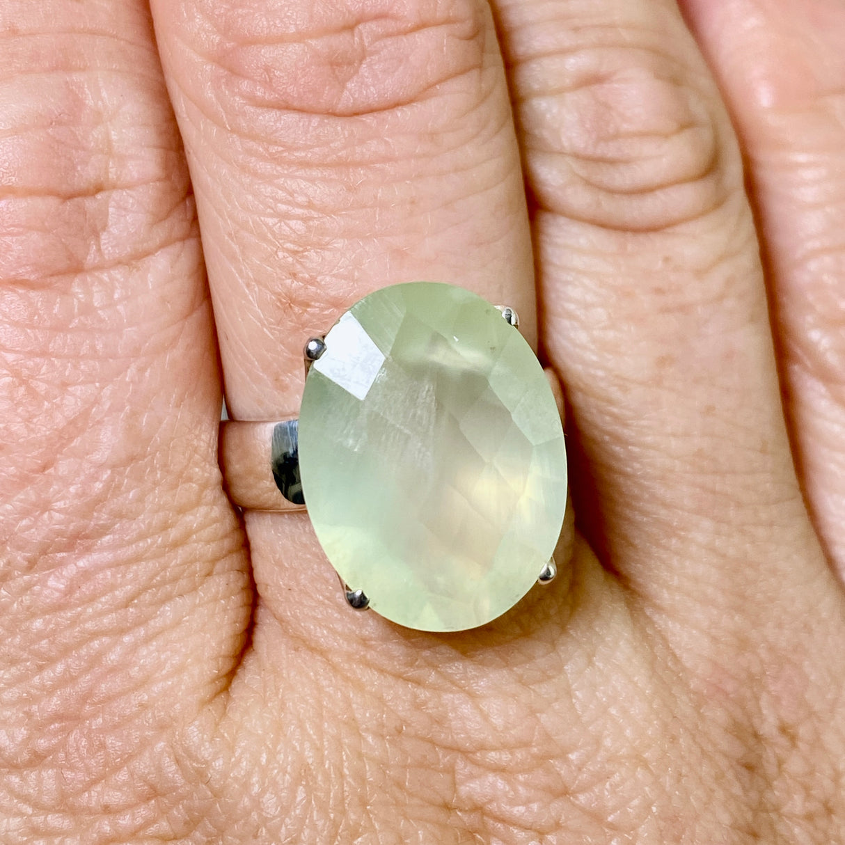 Prehnite Oval Checkerboard Faceted Ring Size 9 PRGJ864