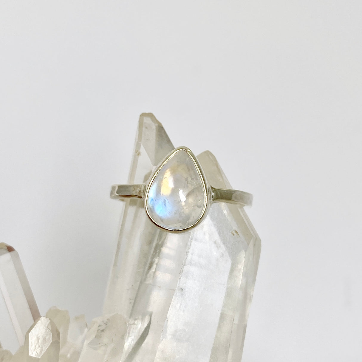 Rainbow Moonstone Teardrop Cabochon Ring with a Hammered Band Size 7.5 BTR-27