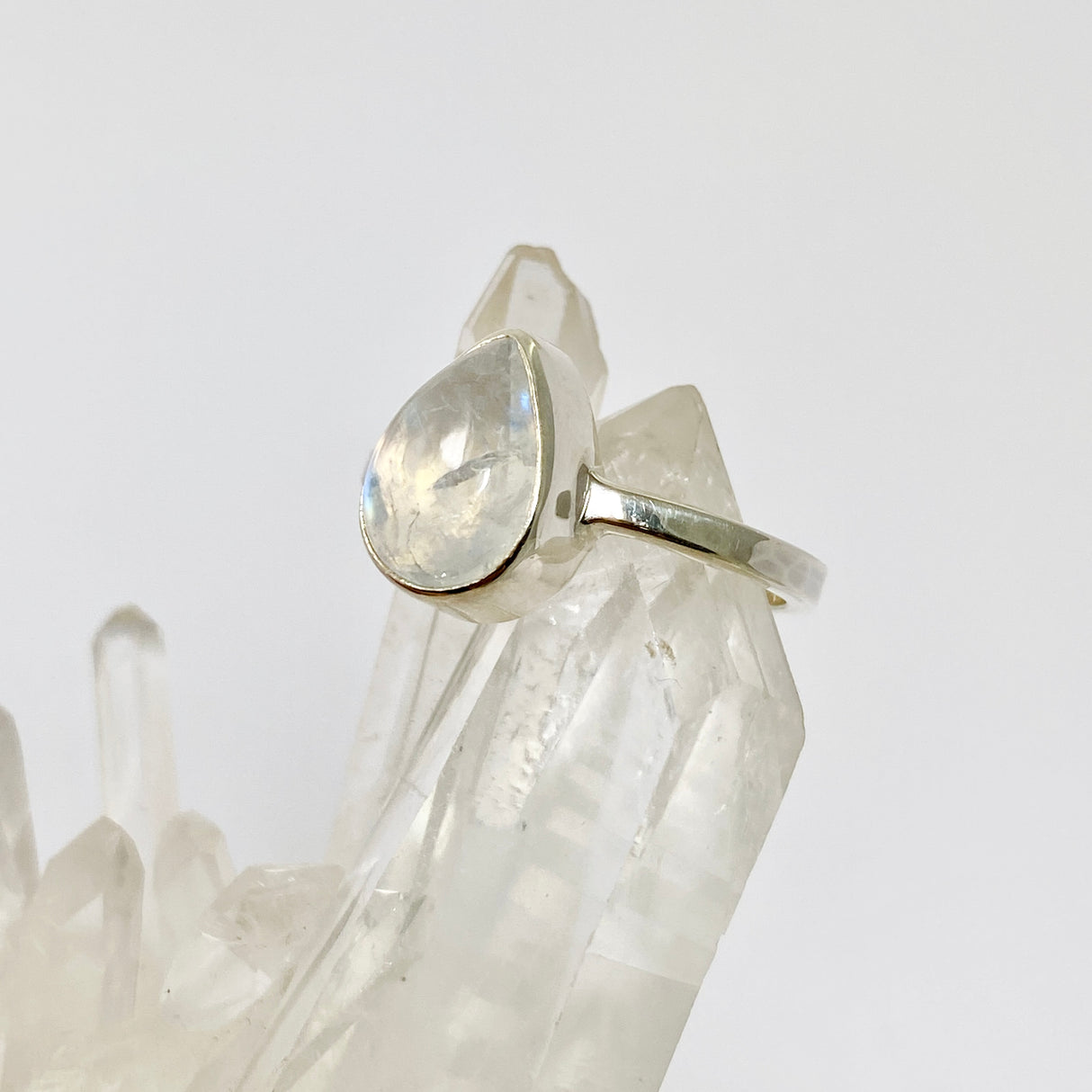 Rainbow Moonstone Teardrop Cabochon Ring with a Hammered Band Size 7.5 BTR-27