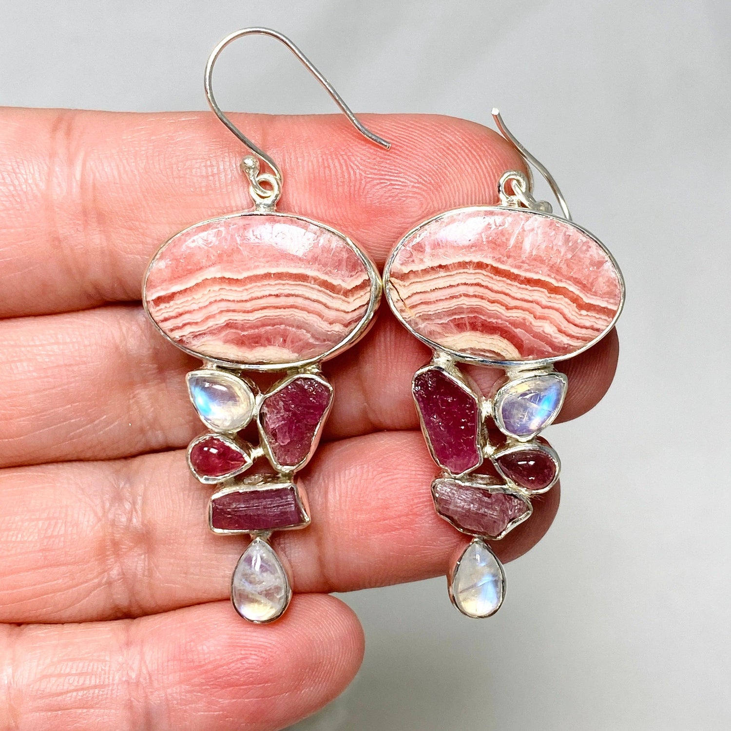 Rhodochrosite Moonstone and Pink Tourmaline Multistone Earrings KEGJ1464 - Nature's Magick