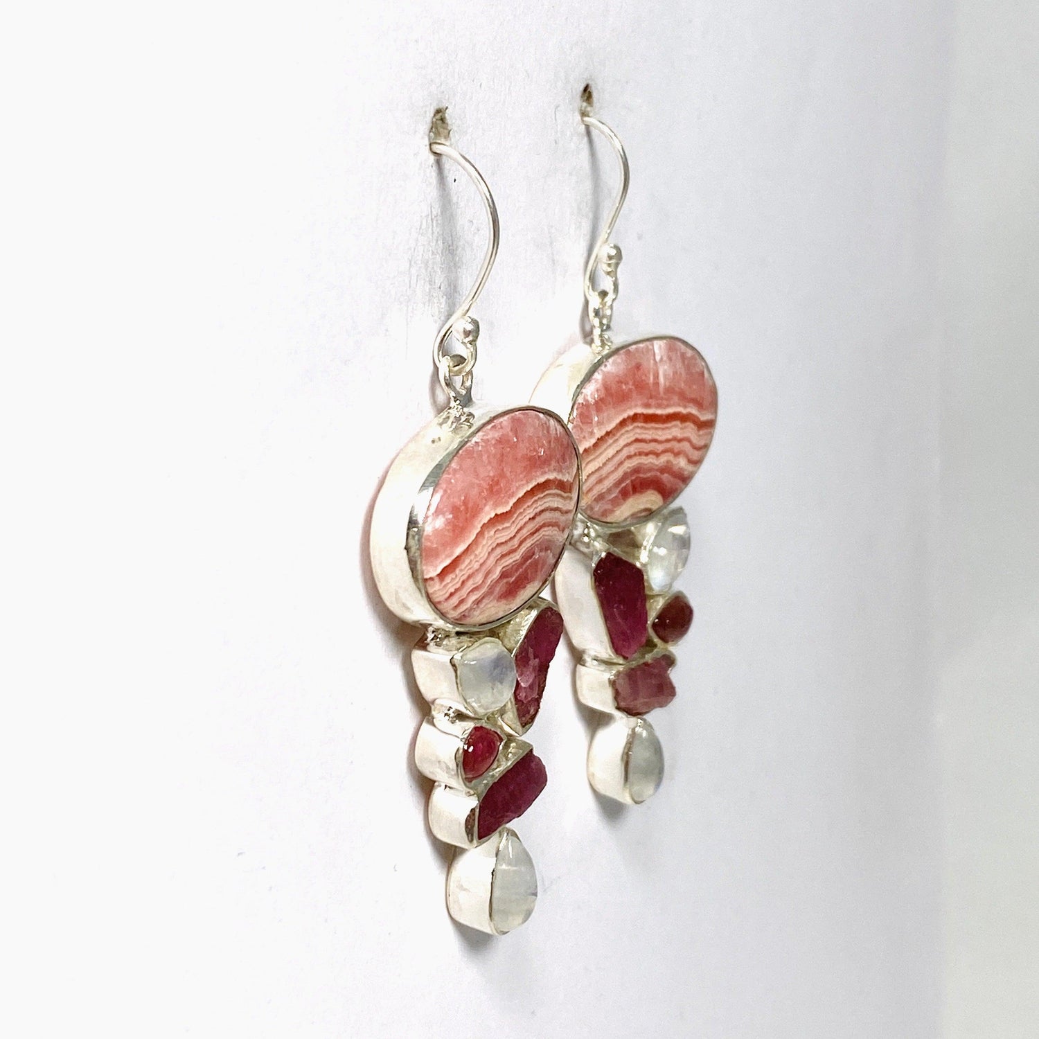 Rhodochrosite Moonstone and Pink Tourmaline Multistone Earrings KEGJ1464 - Nature's Magick
