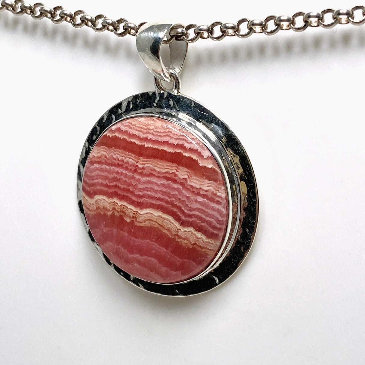 Rhodochrosite Round Pendant in a Hammered Setting KPGJ4321 - Nature's Magick