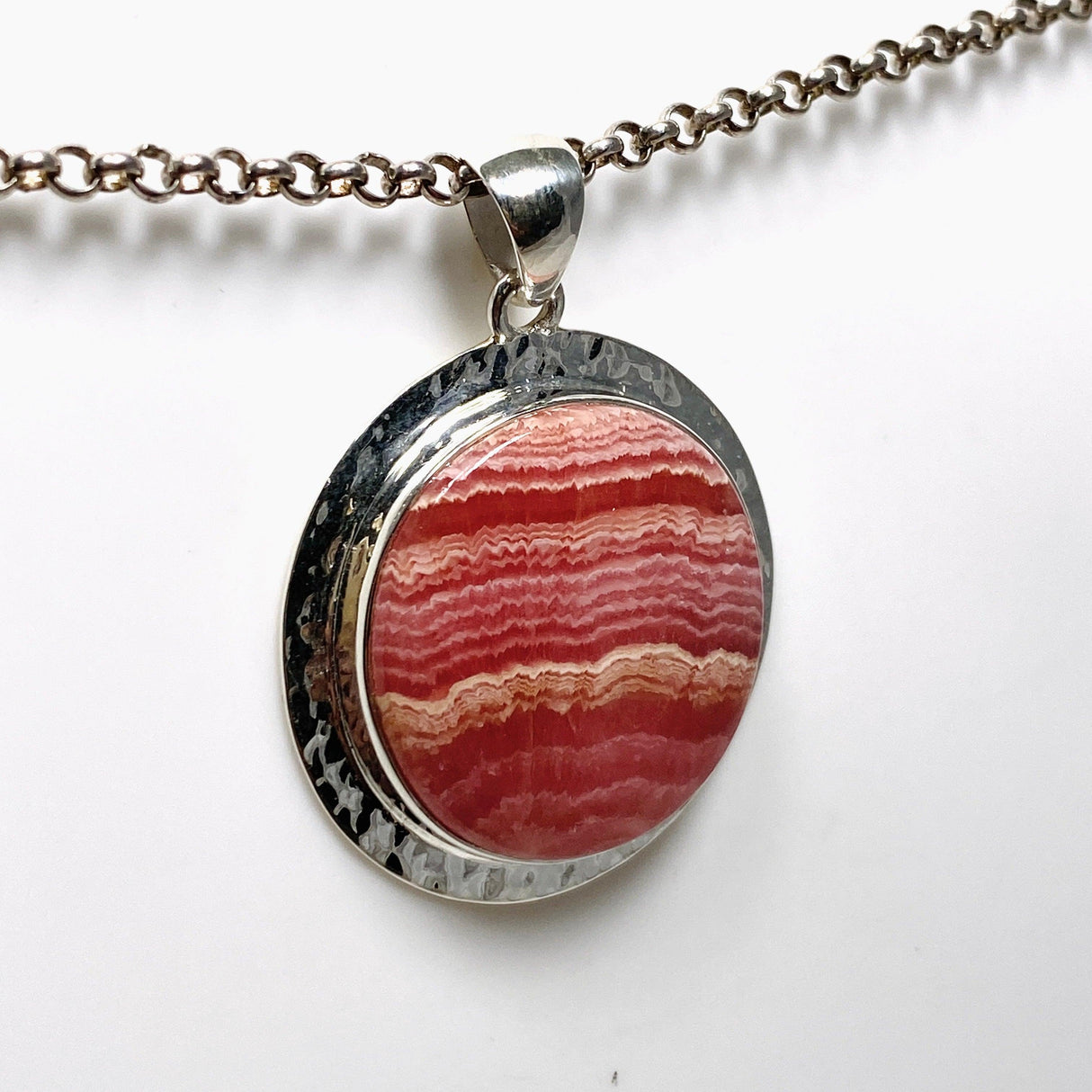 Rhodochrosite Round Pendant in a Hammered Setting KPGJ4321 - Nature's Magick