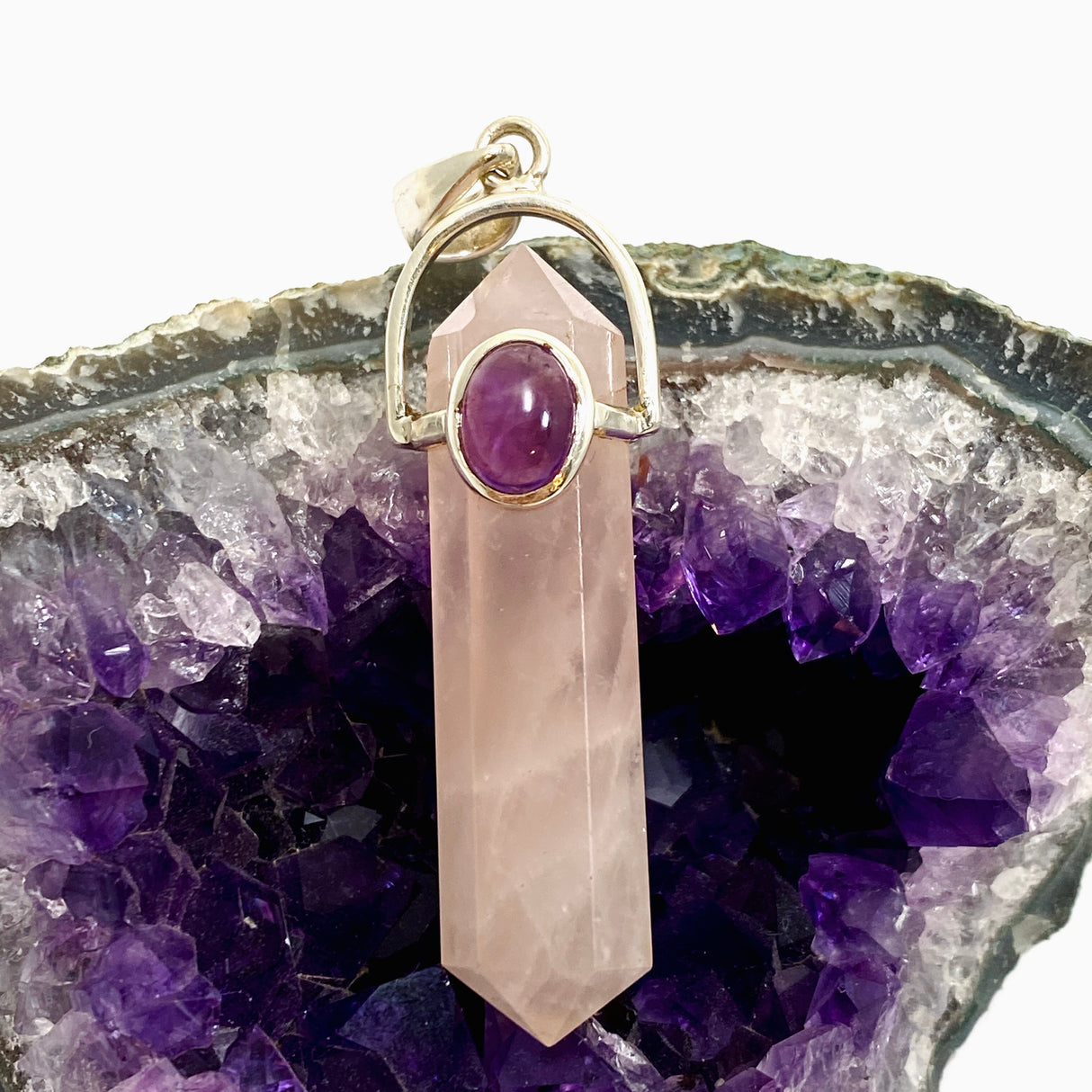 Rose Quartz Double Point Pendant with Amethyst Accent Stone PPGJ1023
