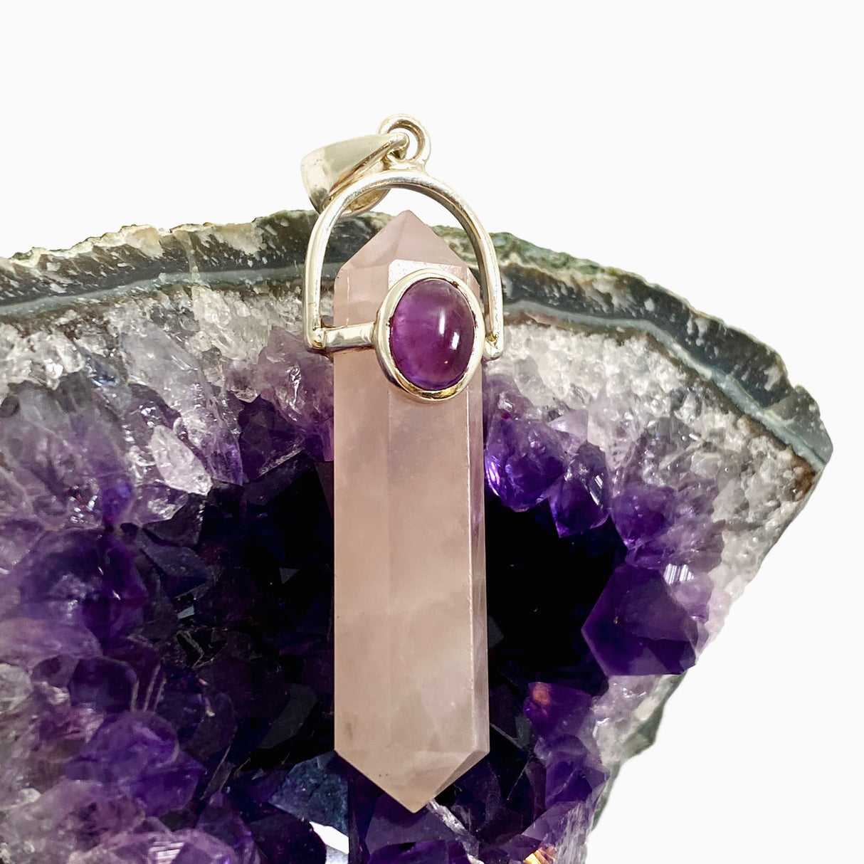 Rose Quartz Double Point Pendant with Amethyst Accent Stone PPGJ1023