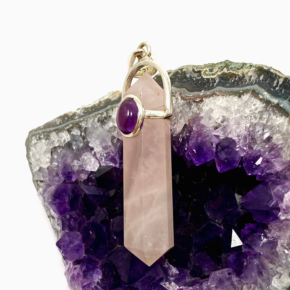 Rose Quartz Double Point Pendant with Amethyst Accent Stone PPGJ1023