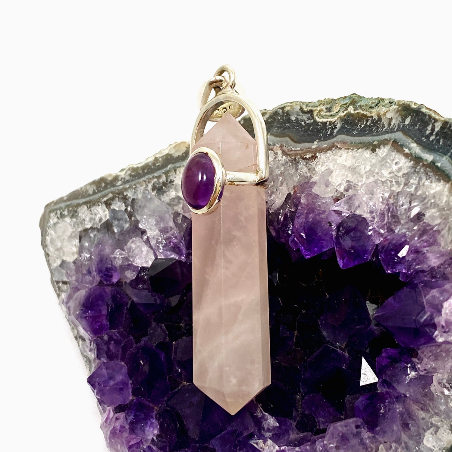 Rose Quartz Double Point Pendant with Amethyst Accent Stone PPGJ1023