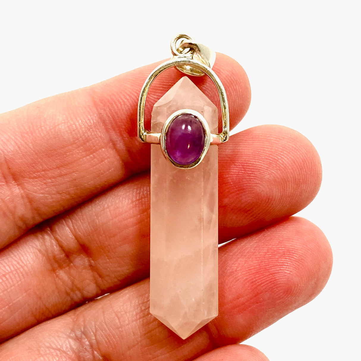 Rose Quartz Double Point Pendant with Amethyst Accent Stone PPGJ1023