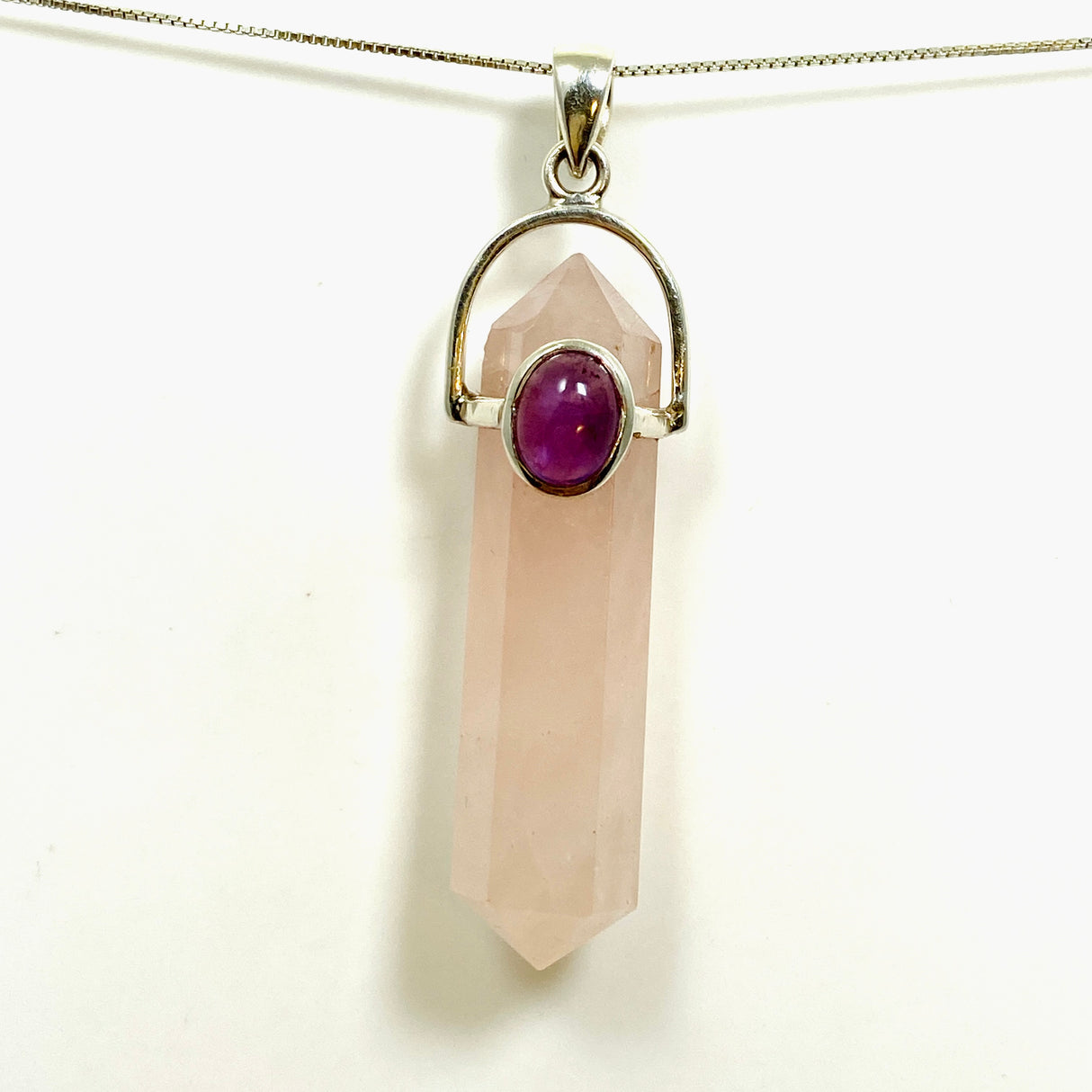 Rose Quartz Double Point Pendant with Amethyst Accent Stone PPGJ1023
