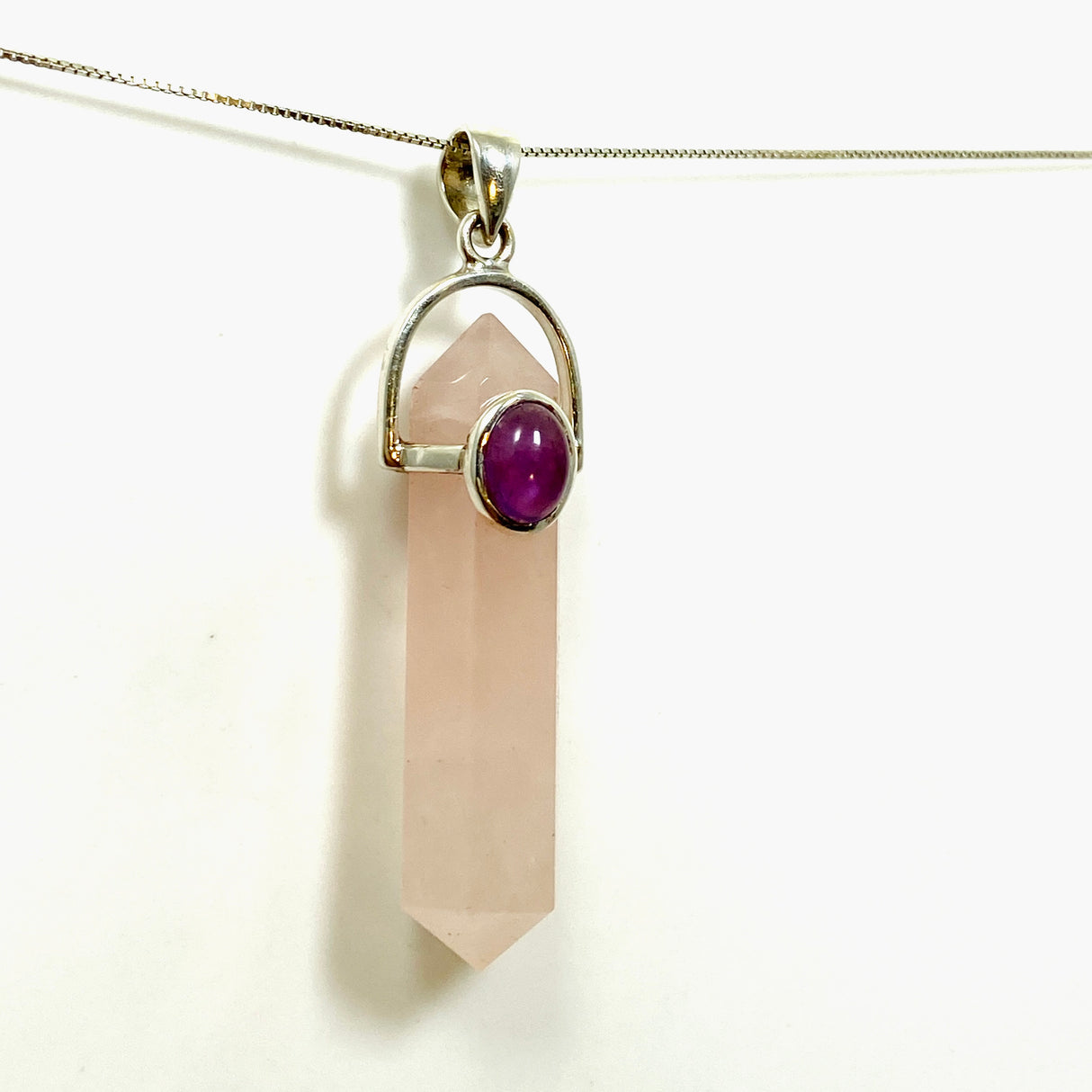 Rose Quartz Double Point Pendant with Amethyst Accent Stone PPGJ1023