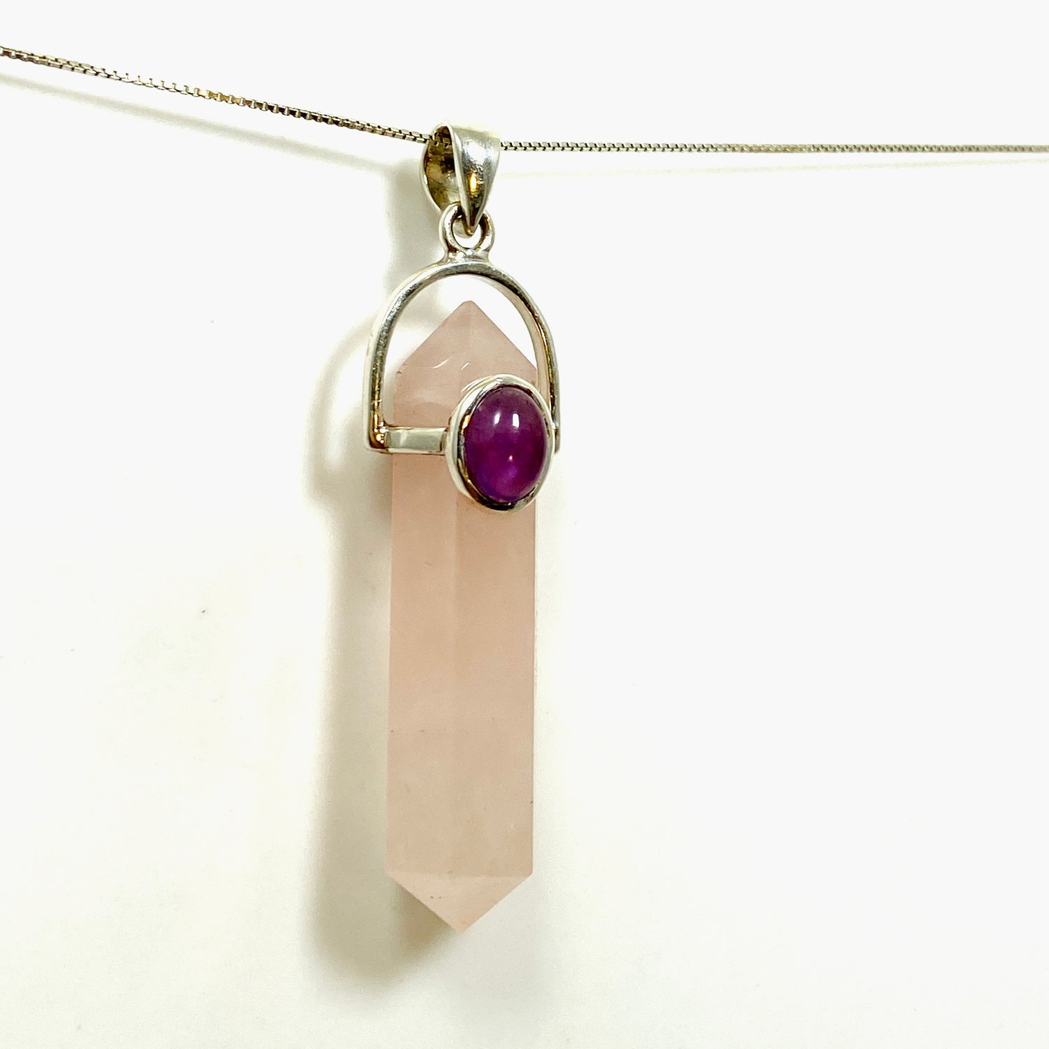 Rose Quartz Double Point Pendant with Amethyst Accent Stone PPGJ1023