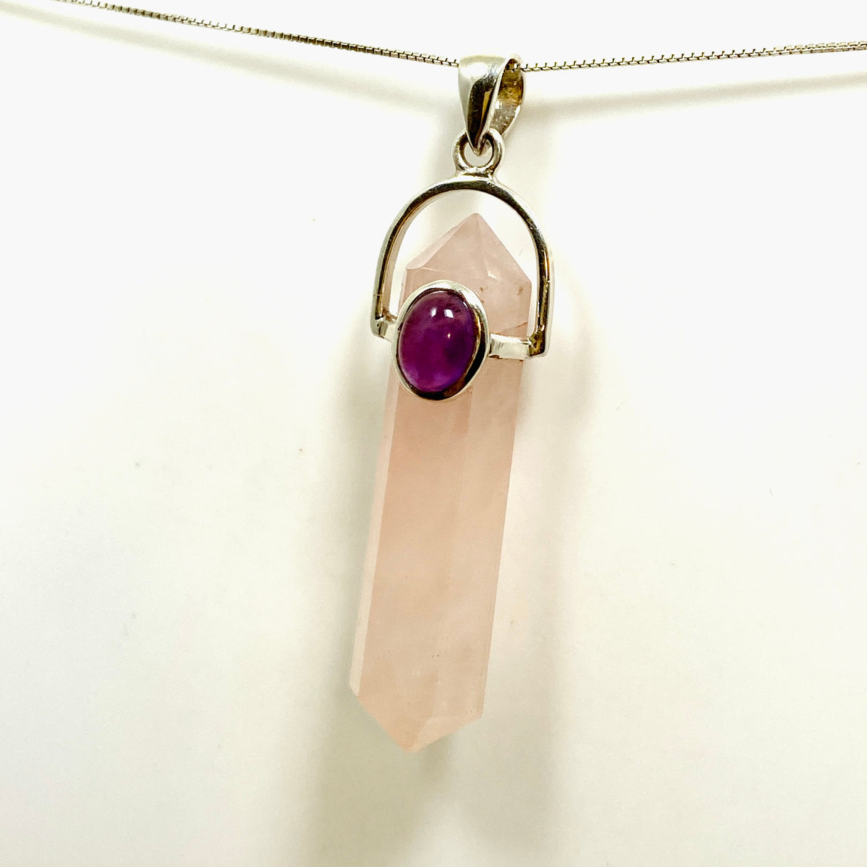 Rose Quartz Double Point Pendant with Amethyst Accent Stone PPGJ1023