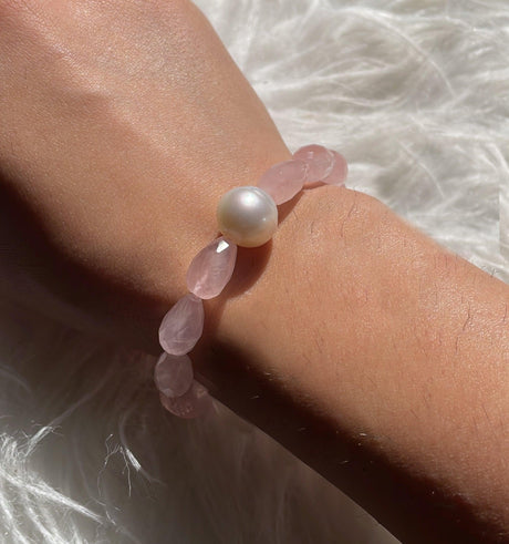 Rose Quartz Faceted Bead and Pearl Gemstone Bracelet GB-EP-RQ-02 - Nature's Magick
