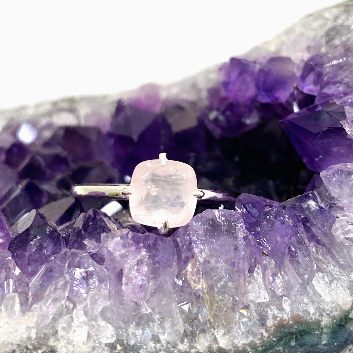 Rose Quartz Faceted Square Solitare Ring R4806