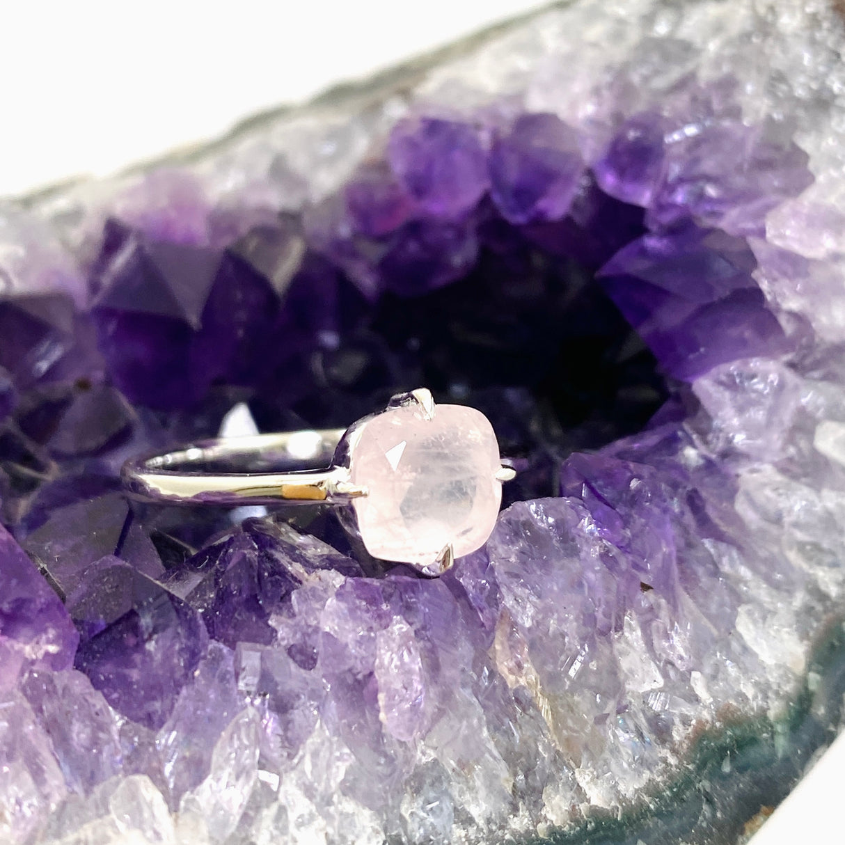 Rose Quartz Faceted Square Solitare Ring R4806