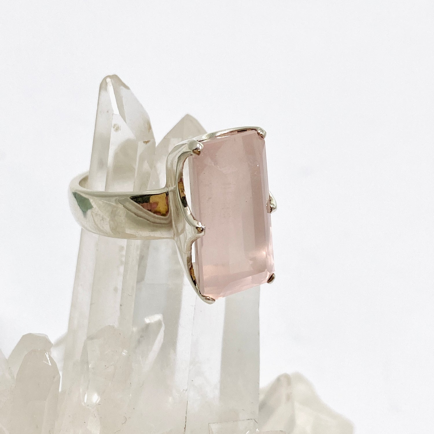 Rose Quartz Rectangular Faceted Ring Size 10.5 PRGJ877