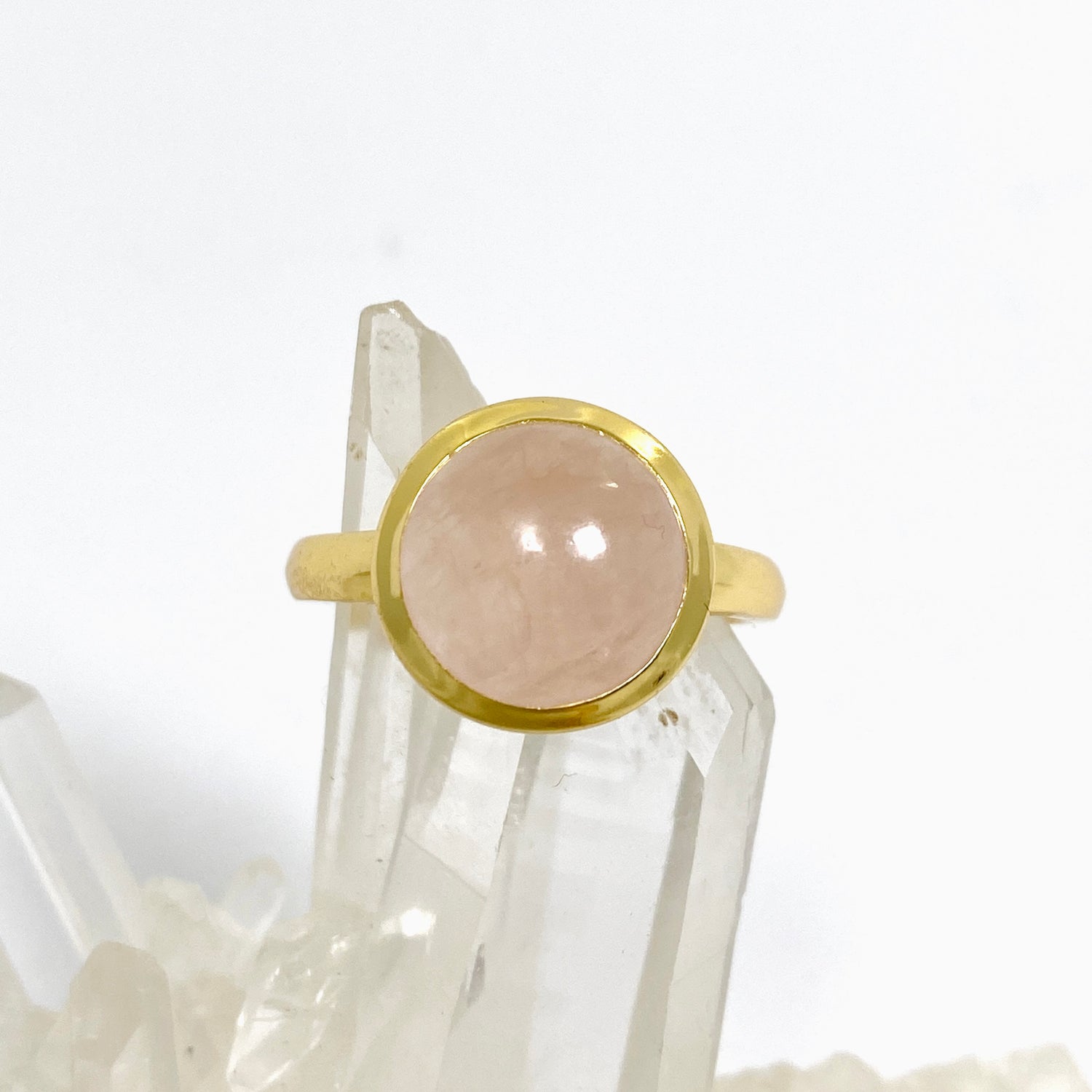 Rose Quartz Round Cabochon Gold Plated Ring Size 10 RG608-RQ-10