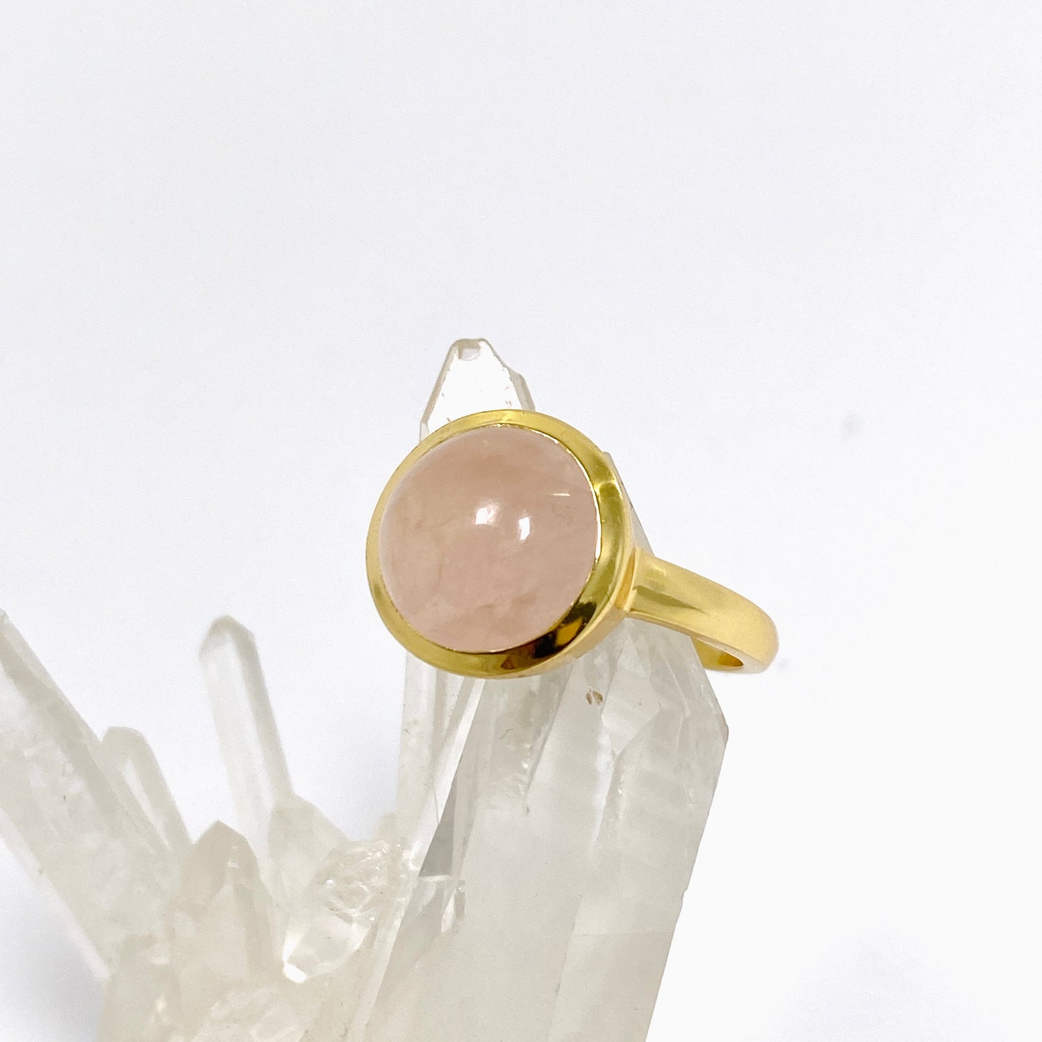Rose Quartz Round Cabochon Gold Plated Ring Size 10 RG608-RQ-10