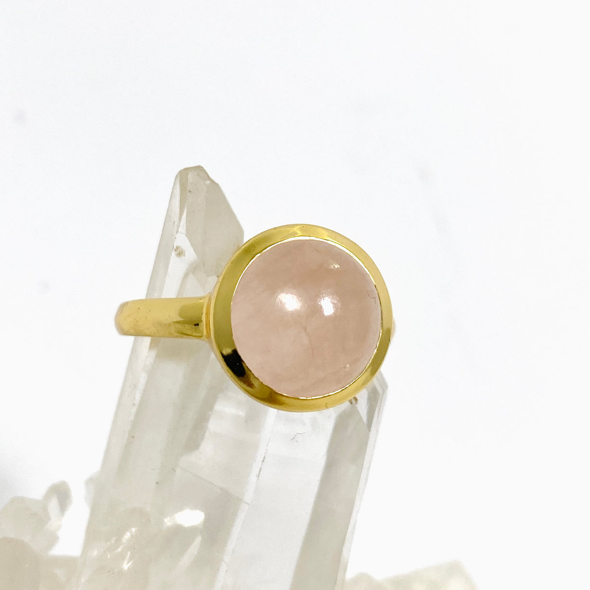 Rose Quartz Round Cabochon Gold Plated Ring Size 10 RG608-RQ-10