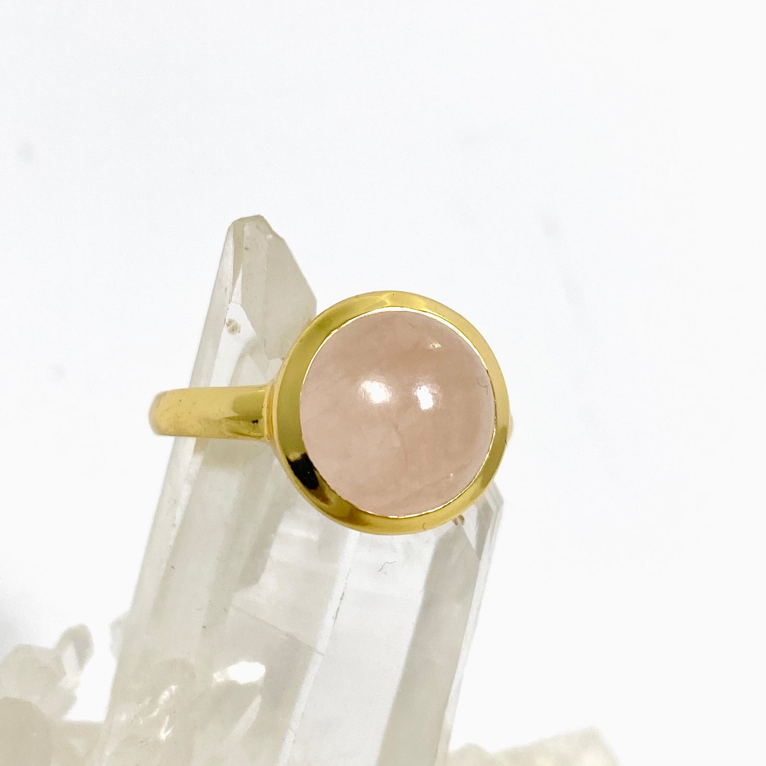 Rose Quartz Round Cabochon Gold Plated Ring Size 10 RG608-RQ-10