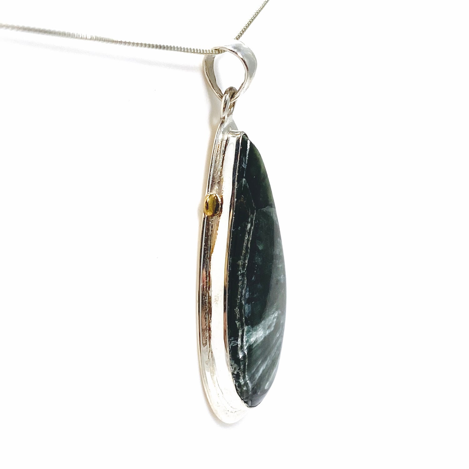 Seraphinite Teardrop Cabochon Pendant in a Decorative Setting KPGJ4843