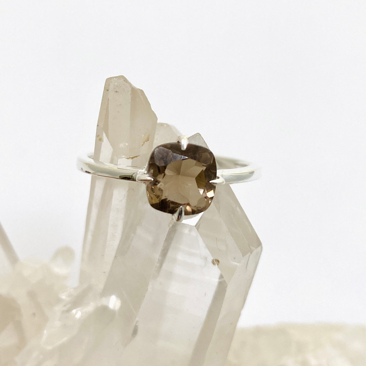 Smokey Quartz Faceted Square Solitare Ring R4806