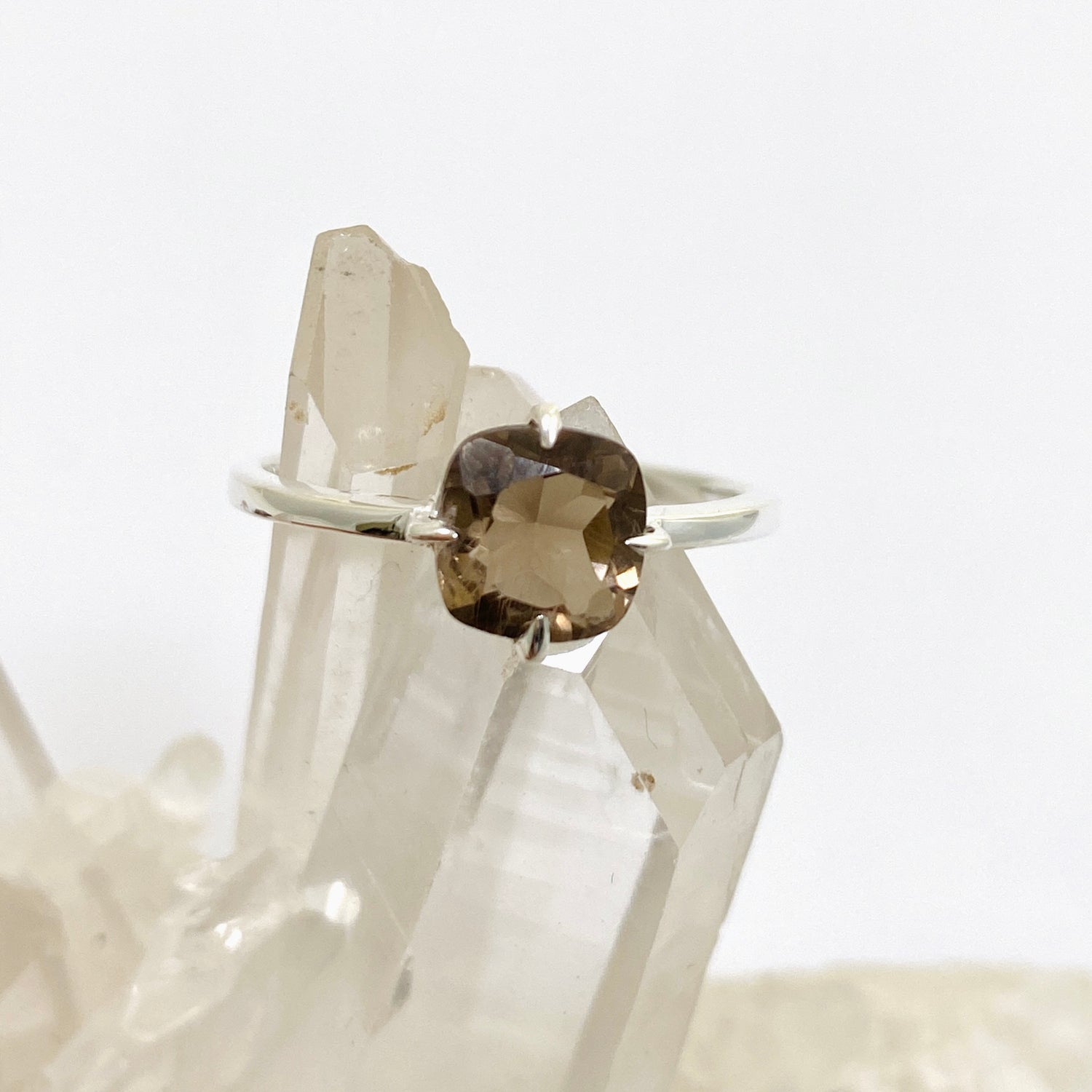 Smokey Quartz Faceted Square Solitare Ring R4806