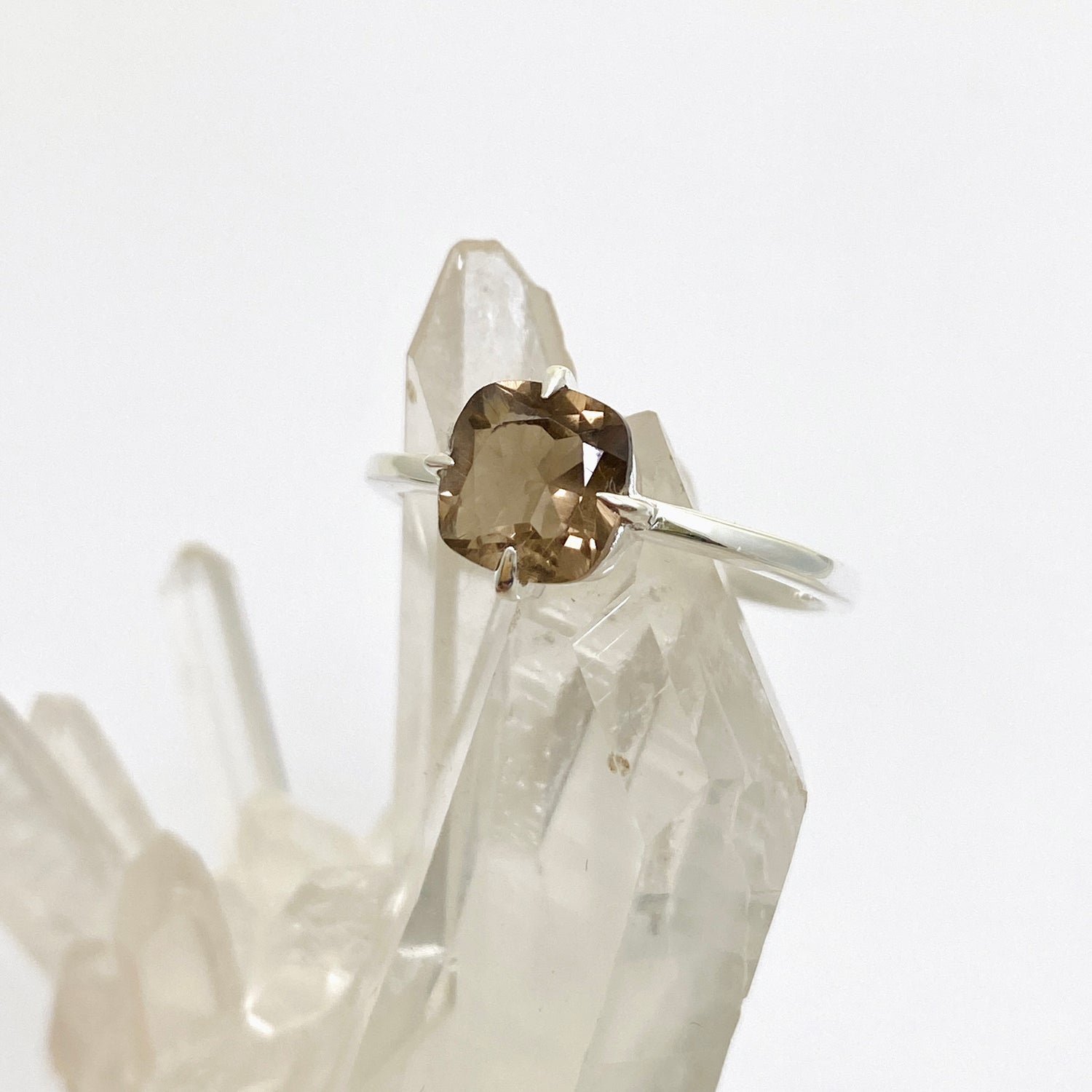 Smokey Quartz Faceted Square Solitare Ring R4806