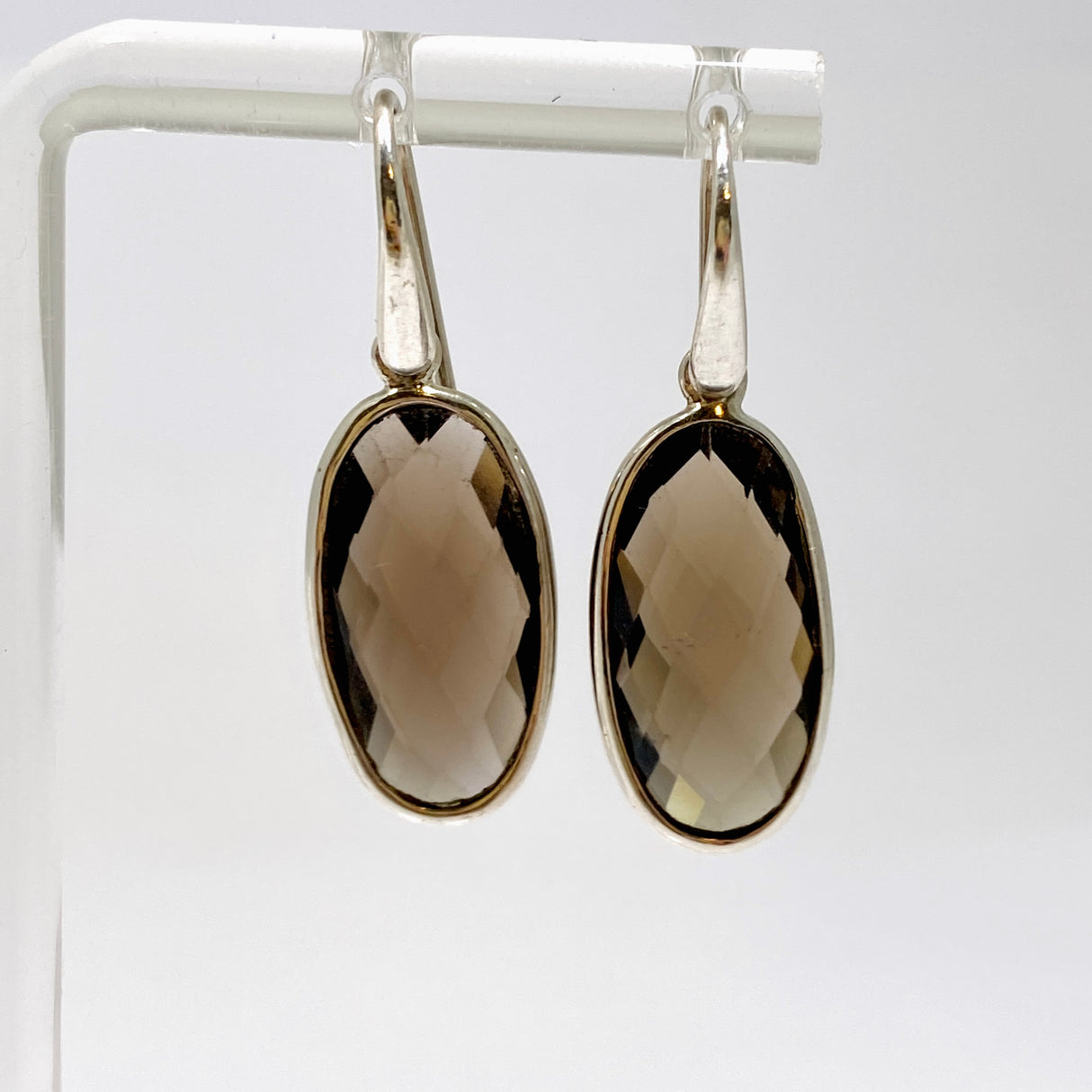 Smokey Quartz Oval Checkerboard Faceted Earrings PEGJ411