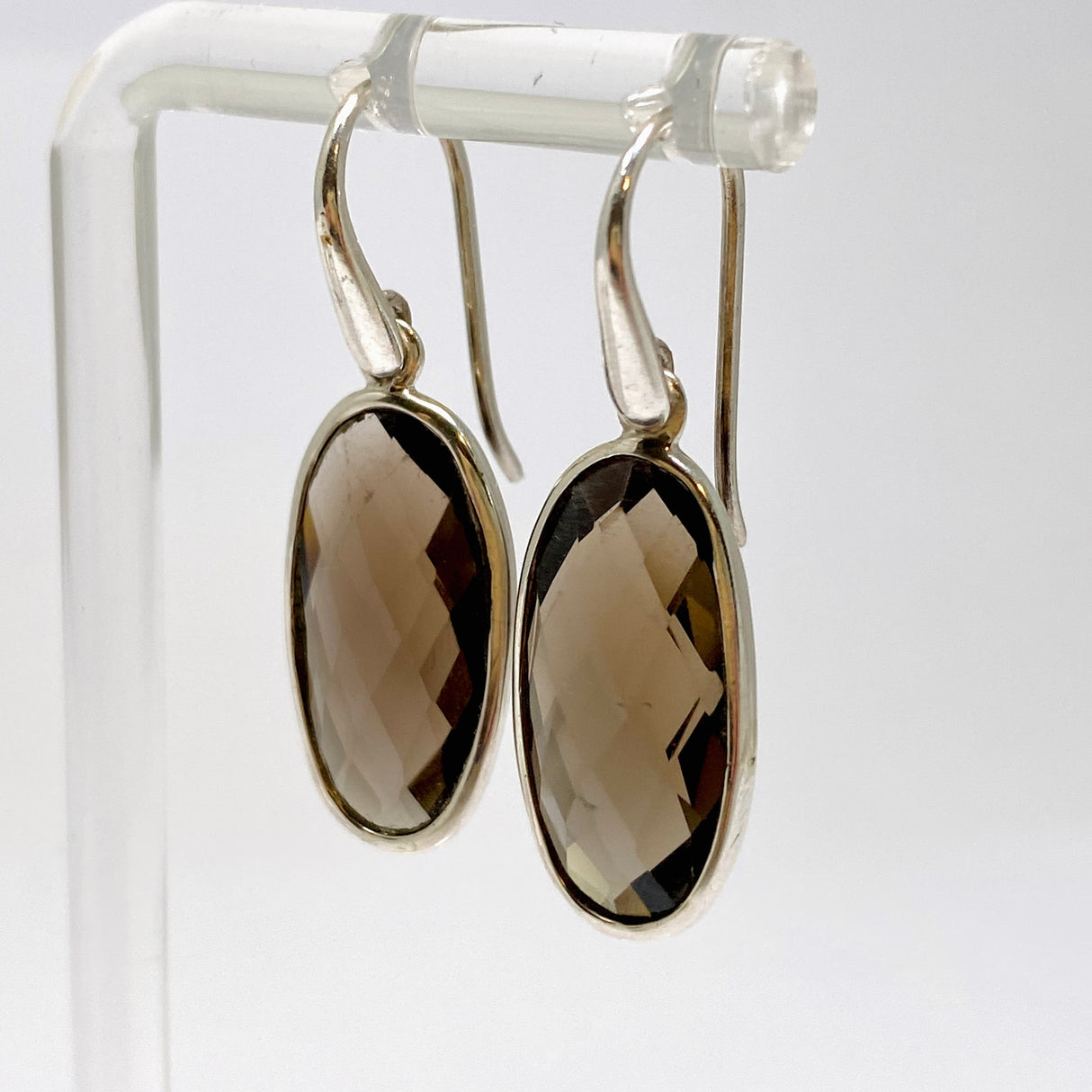 Smokey Quartz Oval Checkerboard Faceted Earrings PEGJ411