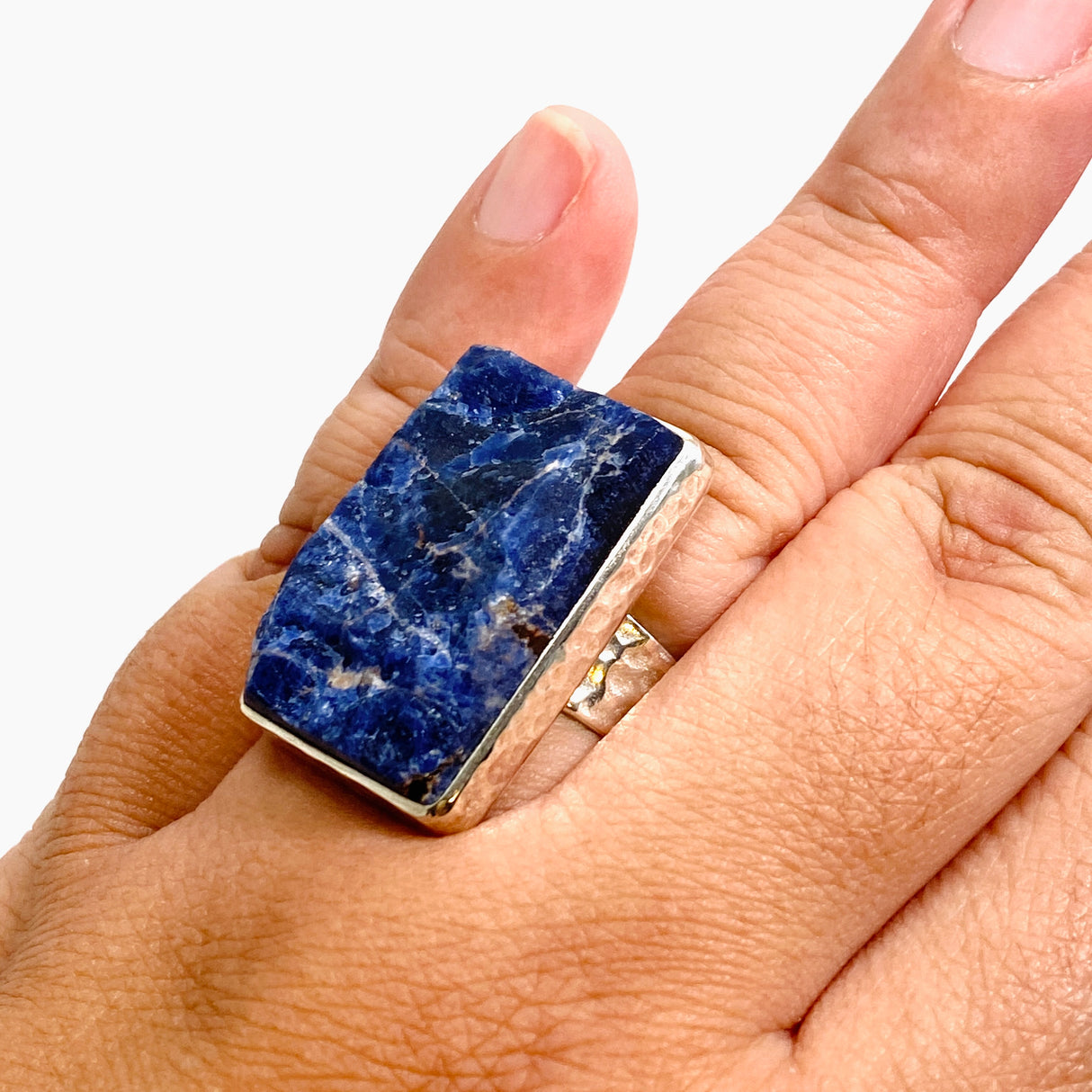 Sodalite Rectangular Raw Ring in a Hammered Setting Size 11 KRGJ3362