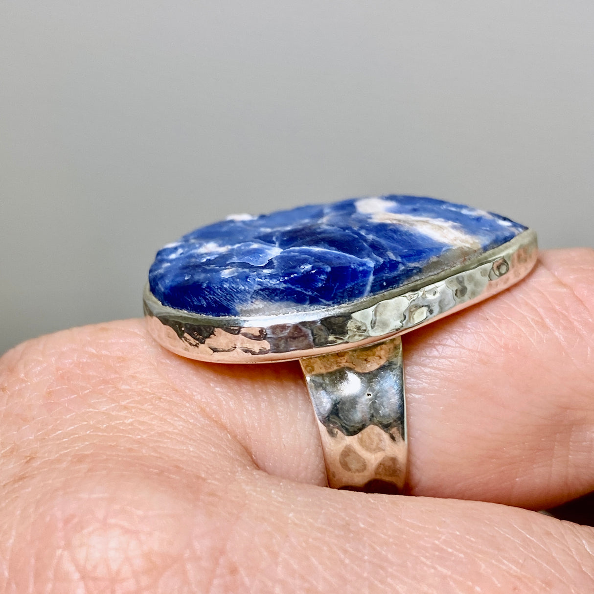 Sodalite Teardrop Raw Ring in a Hammered Setting Size 8 KRGJ3364