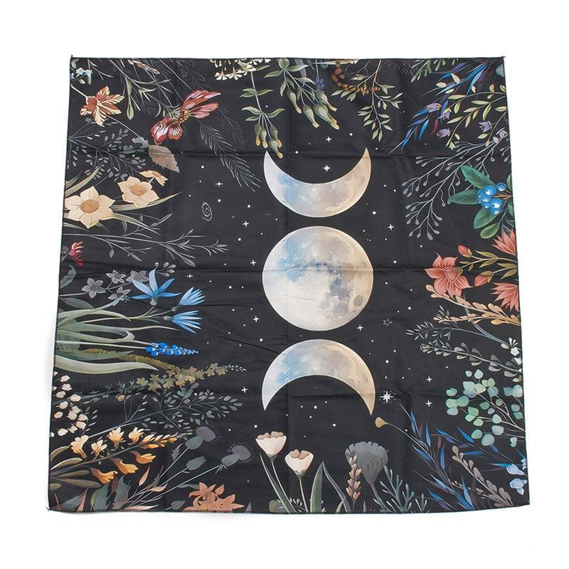 Square Altar Cloth - Moon and Flowers Black 75.5x76x0.3mm - Nature's Magick