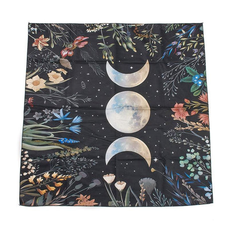 Square Altar Cloth - Moon and Flowers Black 75.5x76x0.3mm - Nature's Magick
