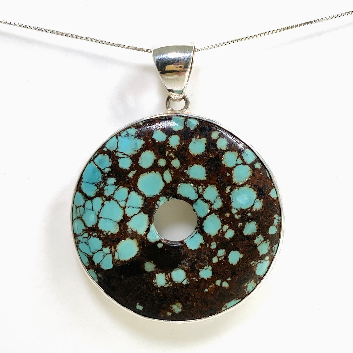 Tibetan Turquoise Round Donut Cabochon Pendant in a Hammered Setting KPGJ4873