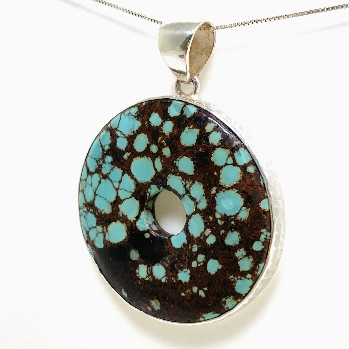 Tibetan Turquoise Round Donut Cabochon Pendant in a Hammered Setting KPGJ4873